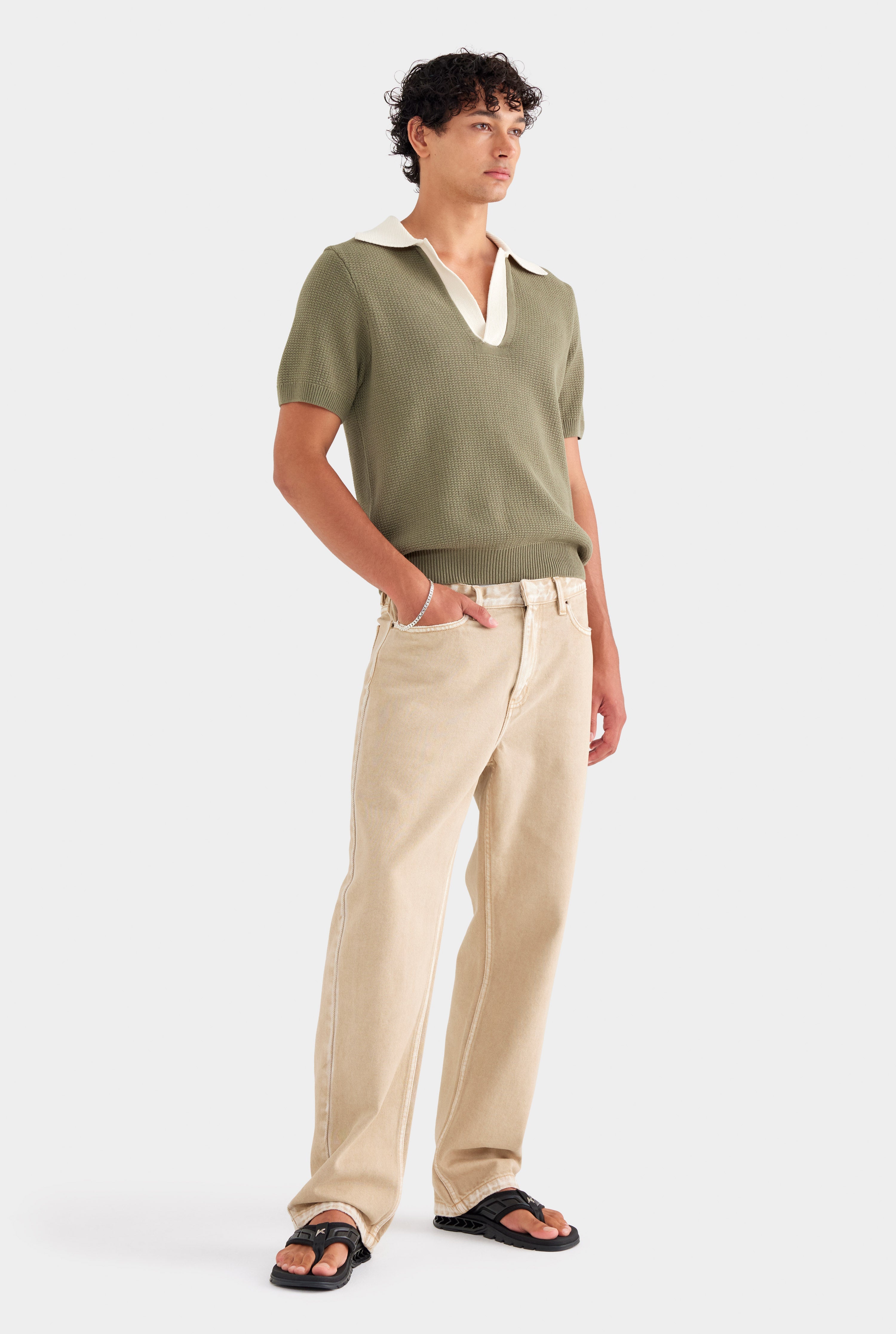 Relaxed Cotton Knit Open Neck Polo - Smokey Olive/Cream