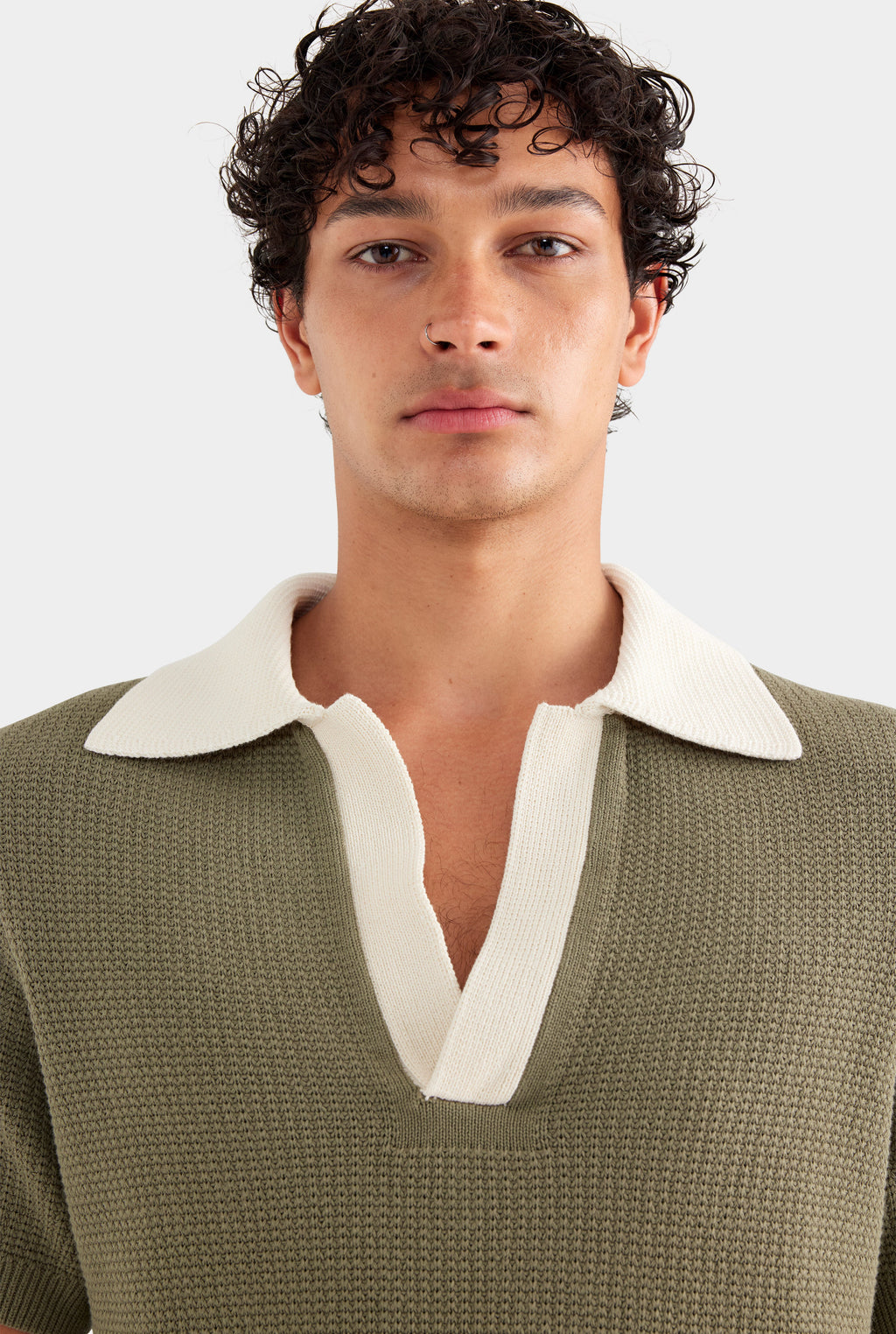 Relaxed Cotton Knit Open Neck Polo - Smokey Olive/Cream