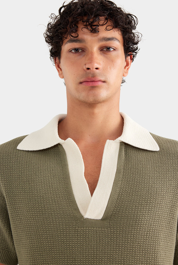 Relaxed Cotton Knit Open Neck Polo - Smokey Olive/Cream