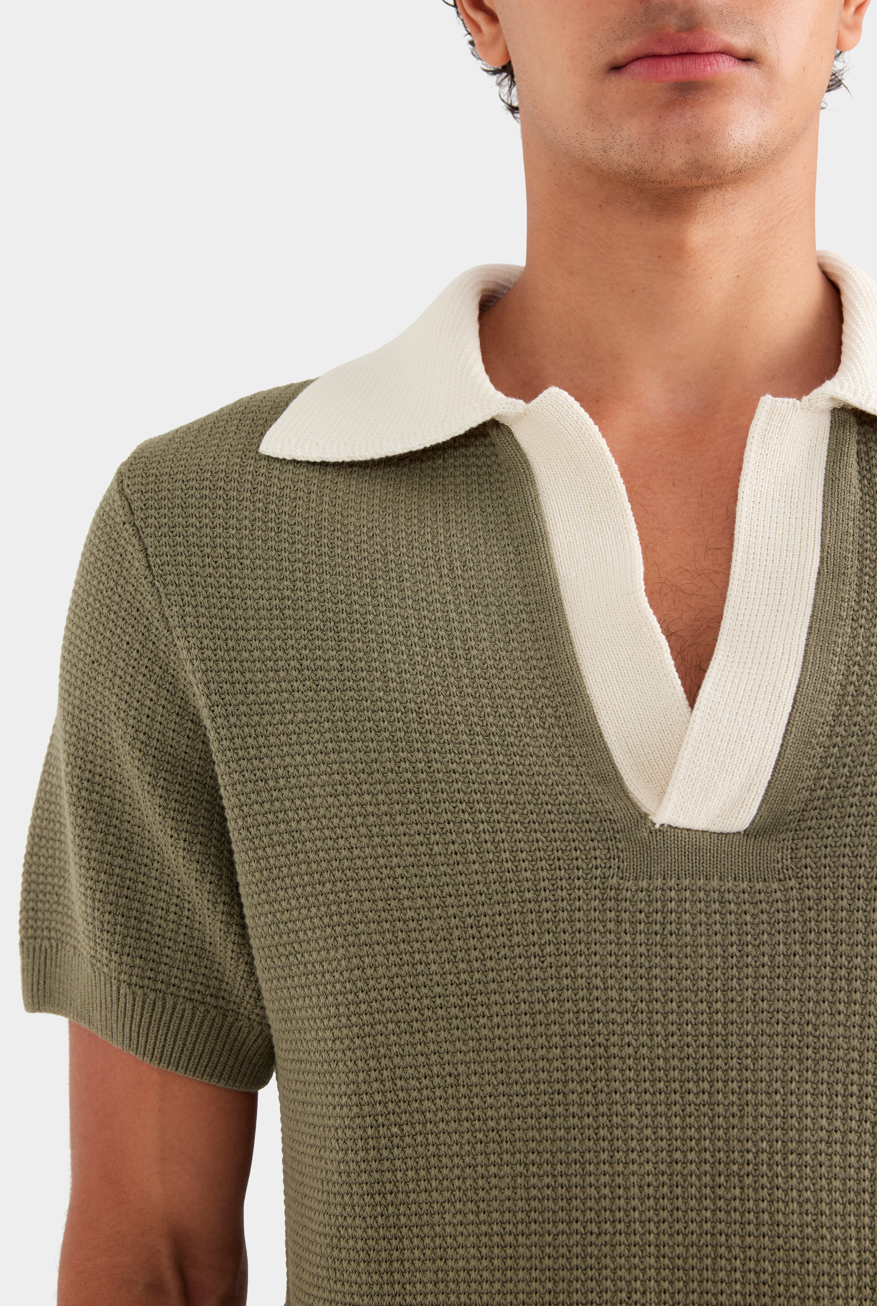 Relaxed Cotton Knit Open Neck Polo - Smokey Olive/Cream