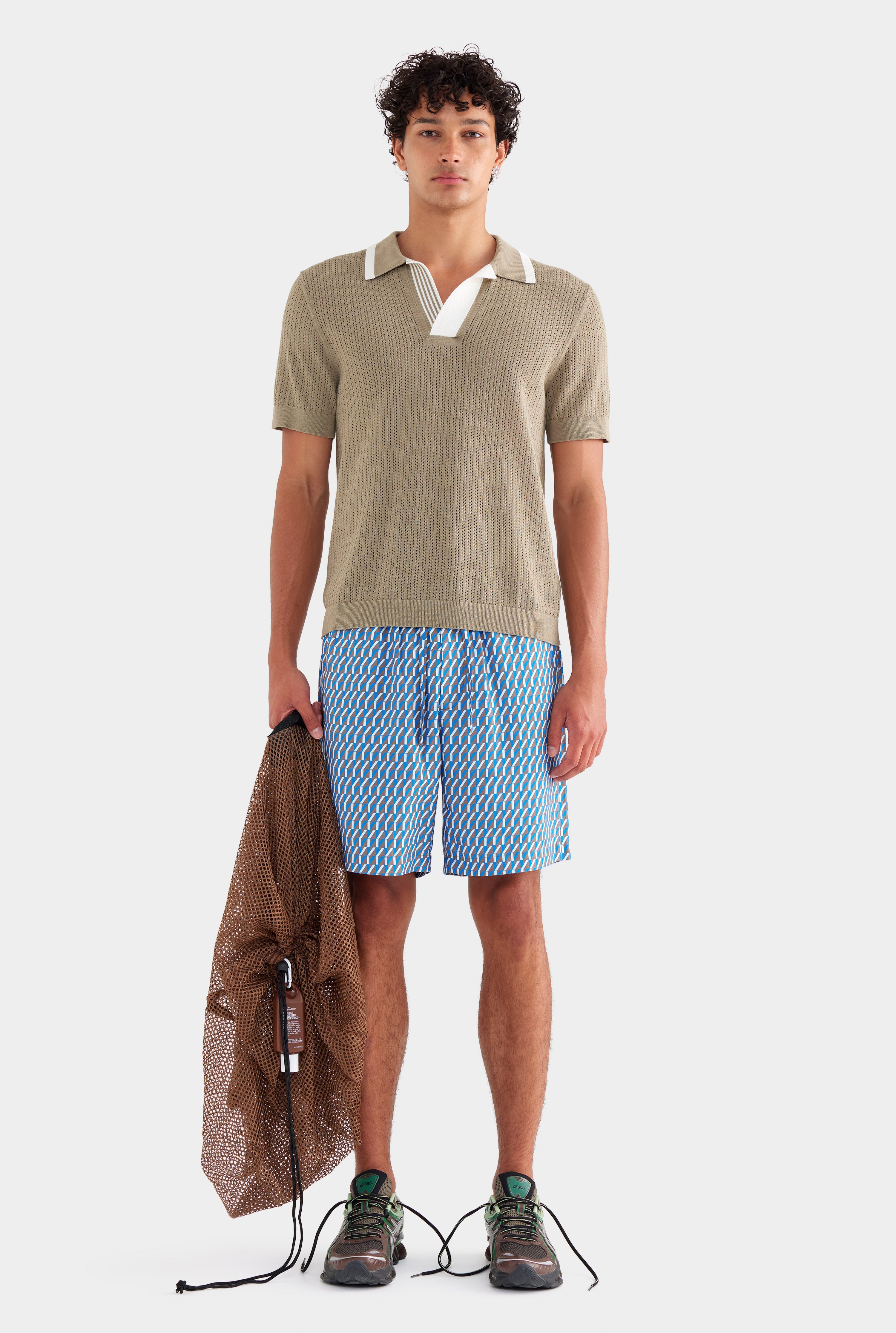 Stripe Collar Cotton Knit Open Neck Polo - Latte/Cream