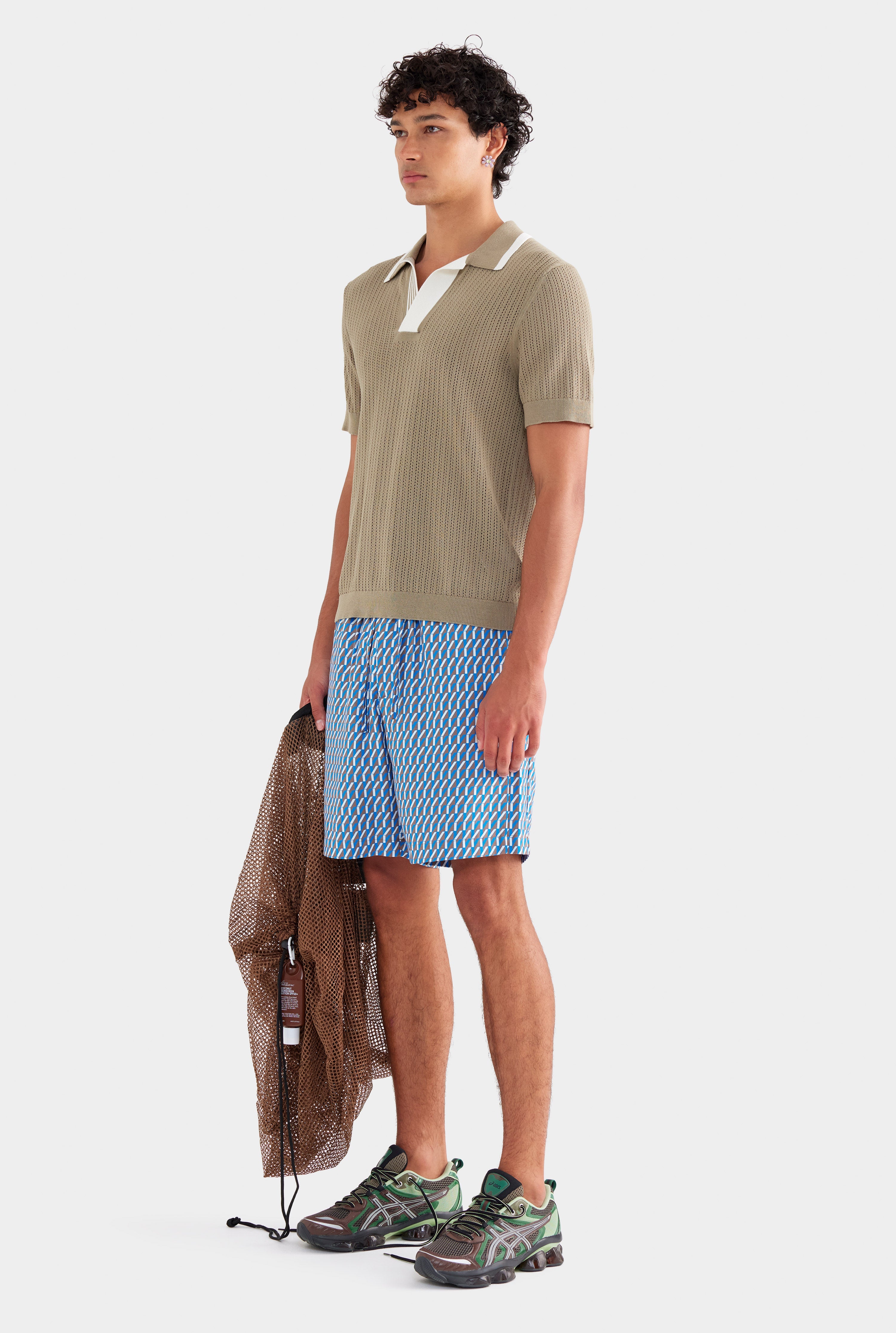 Stripe Collar Cotton Knit Open Neck Polo - Latte/Cream