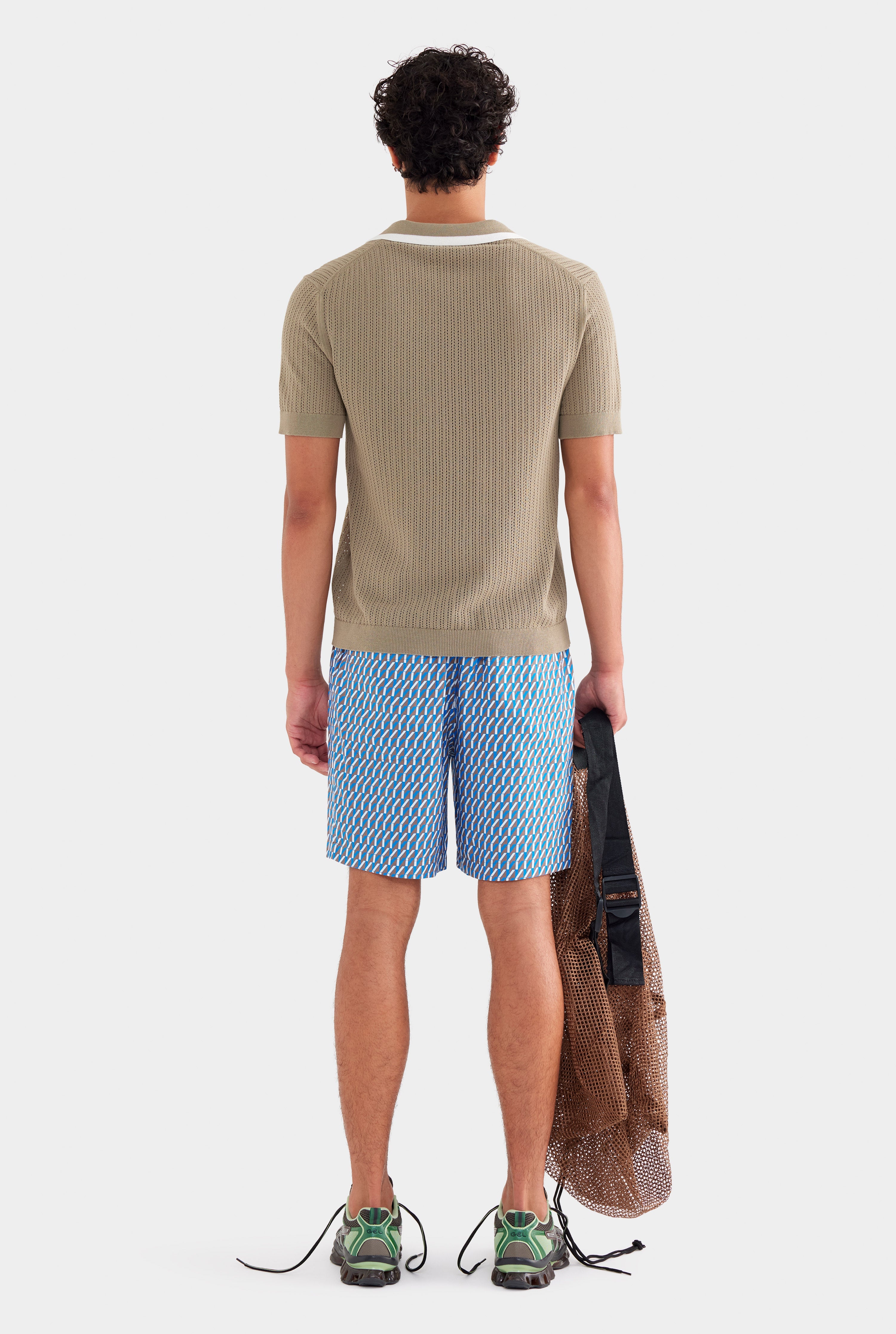 Stripe Collar Cotton Knit Open Neck Polo - Latte/Cream