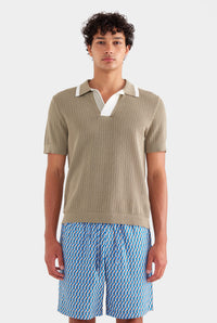 Stripe Collar Cotton Knit Open Neck Polo - Latte/Cream