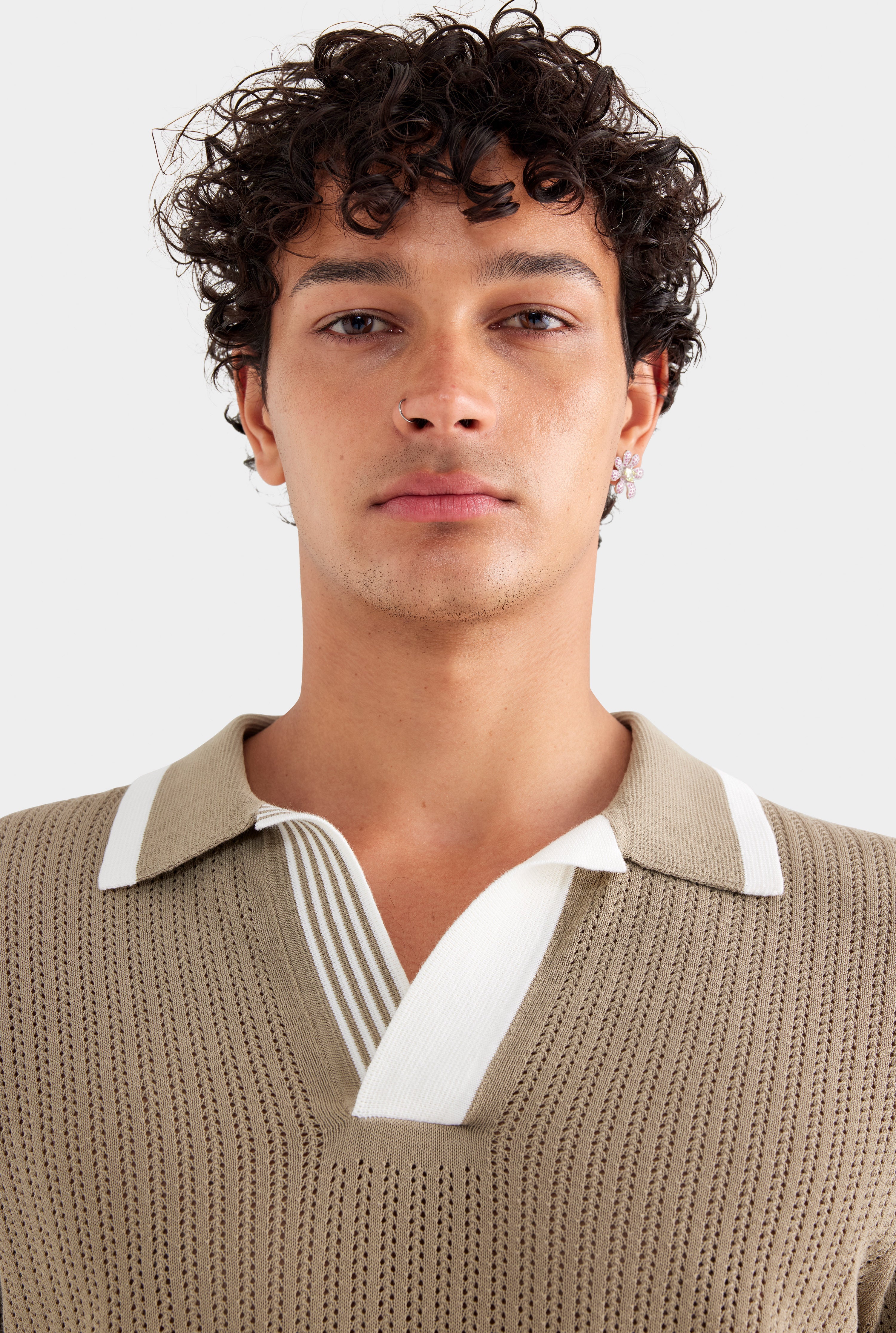 Stripe Collar Cotton Knit Open Neck Polo - Latte/Cream