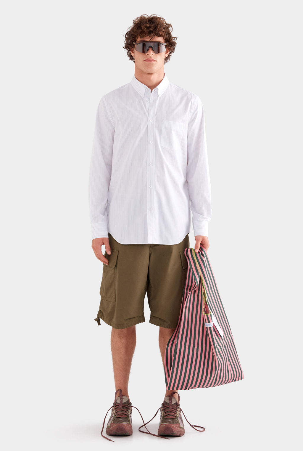 Striped Classic Cotton Shirt - Off White/Sage/Peach Pinstripe