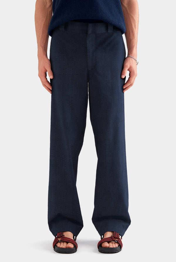 Tailored Seersucker Trouser - Navy Blue Stripe