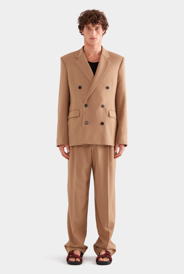 Tailored Wool Double Breasted Suit Jacket - Camel