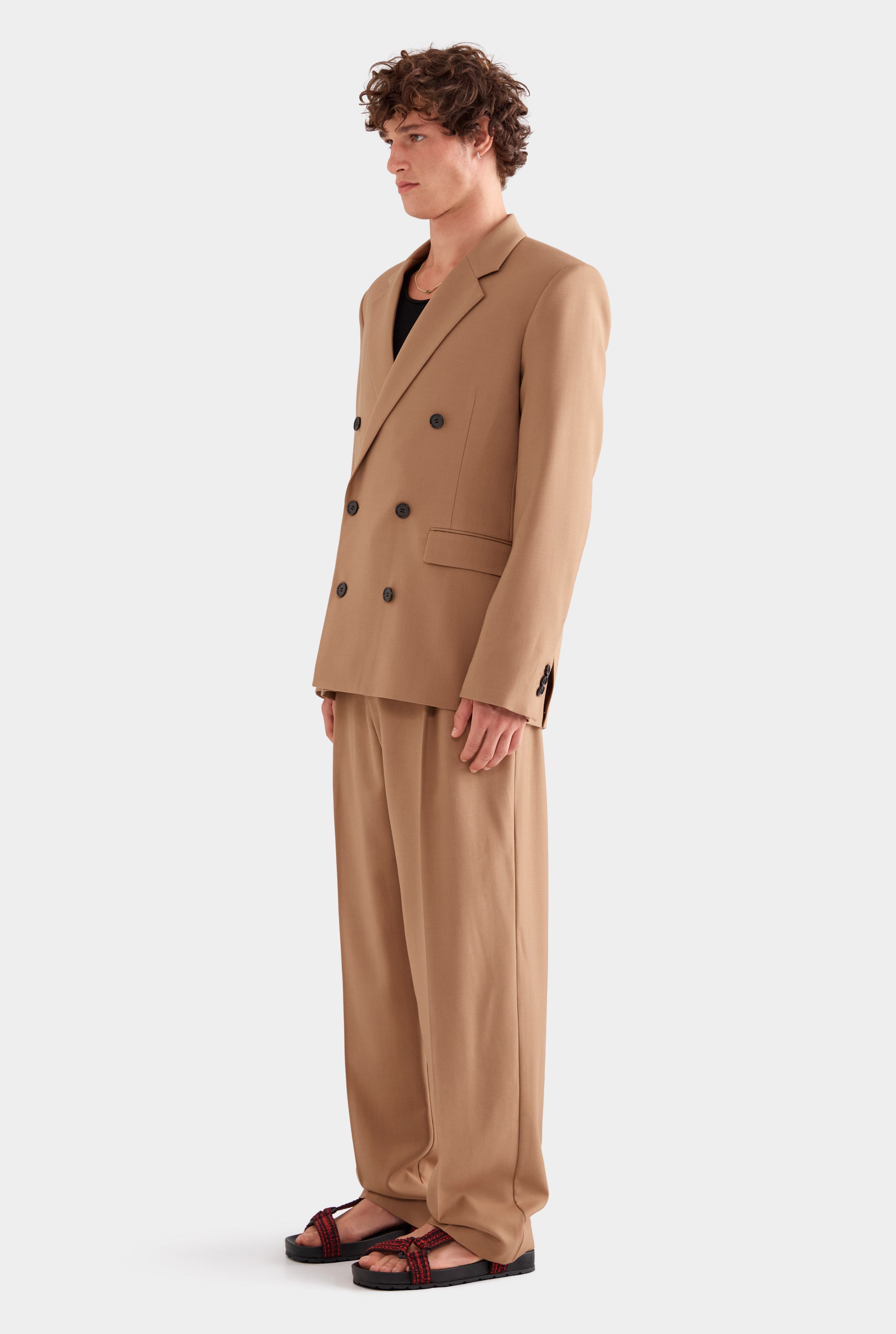 Tailored Wool Double Breasted Suit Jacket - Camel