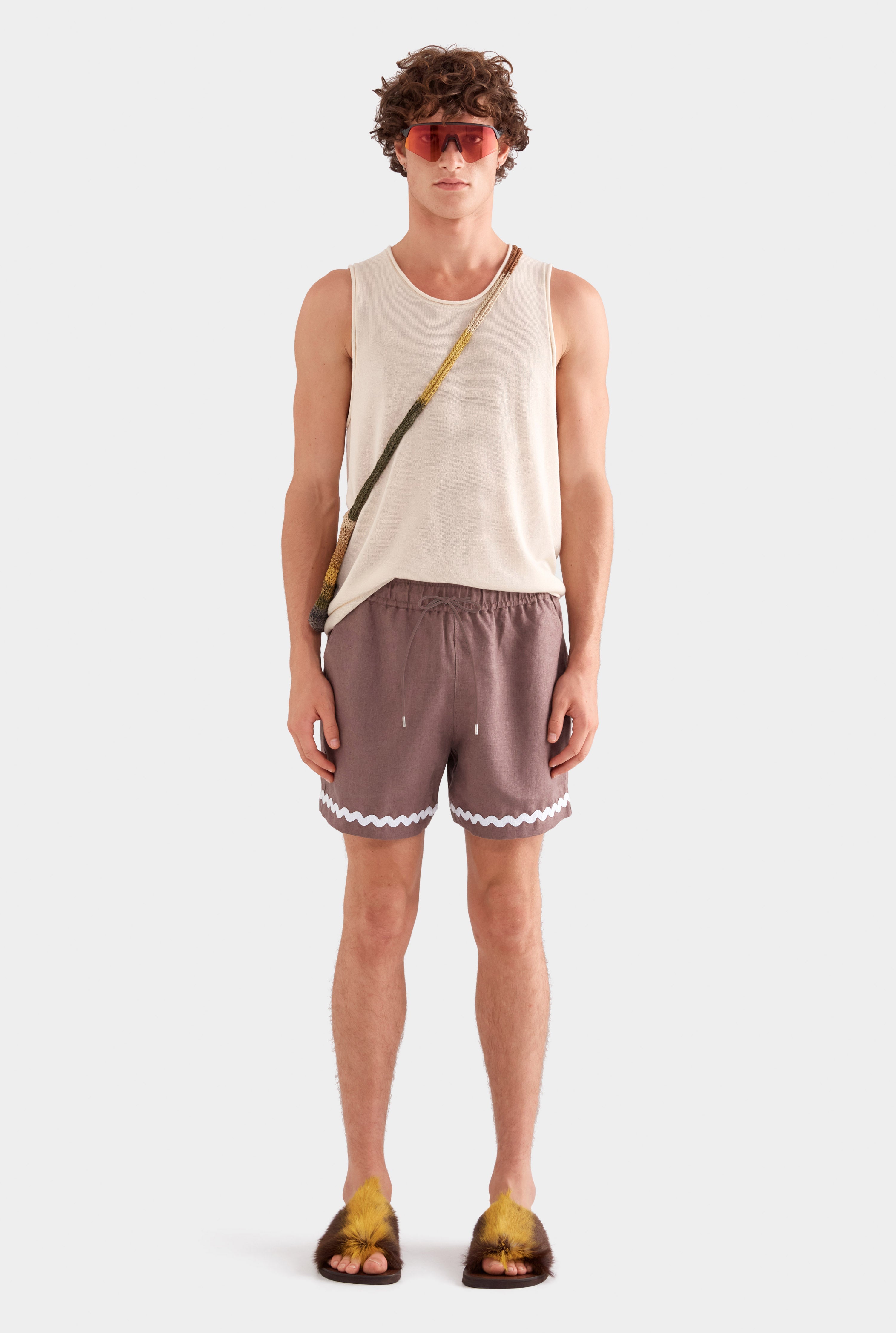 Trim Detail Linen Lounge Short - Iron/White