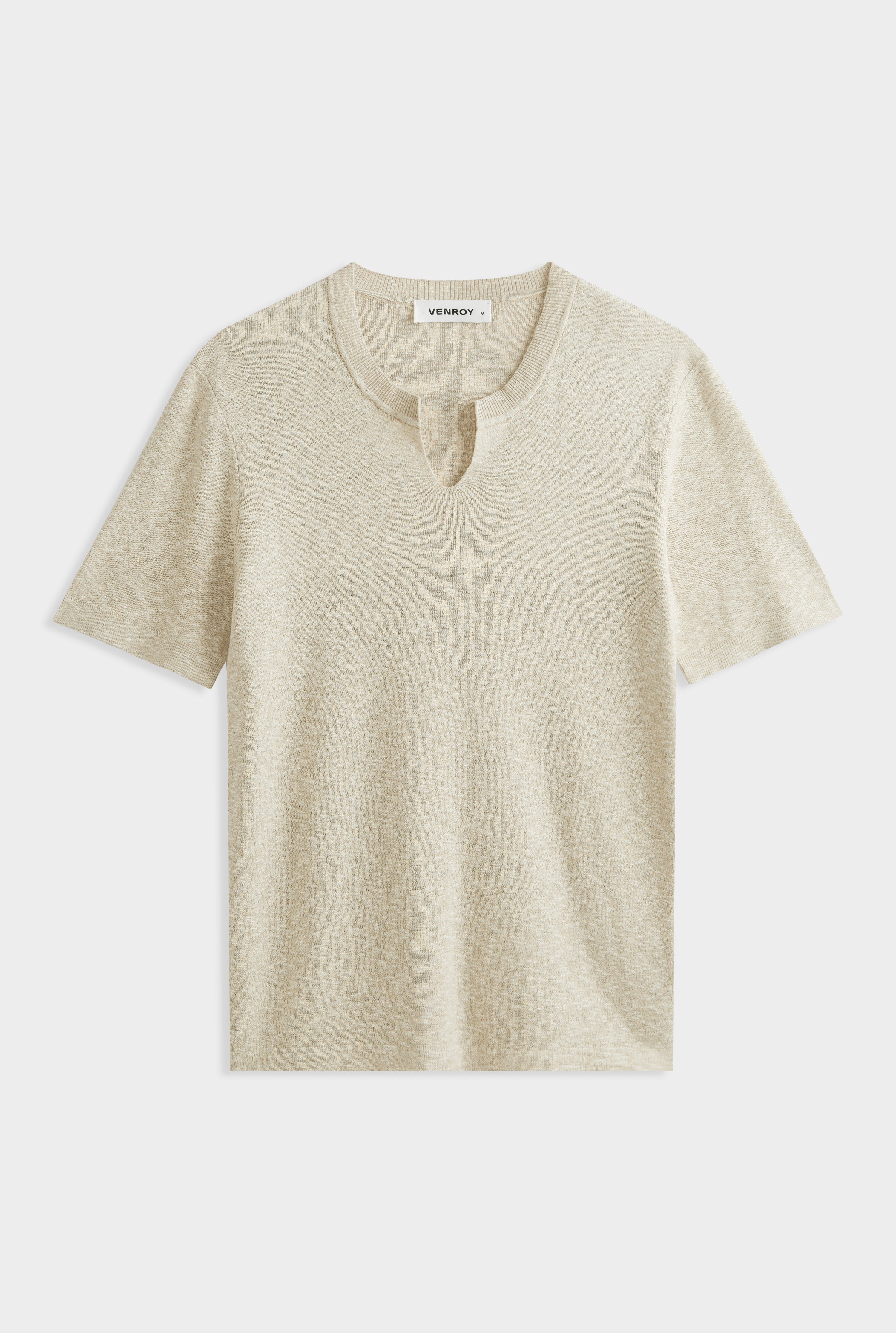 V Cut Knitted T-Shirt - Sand Marl