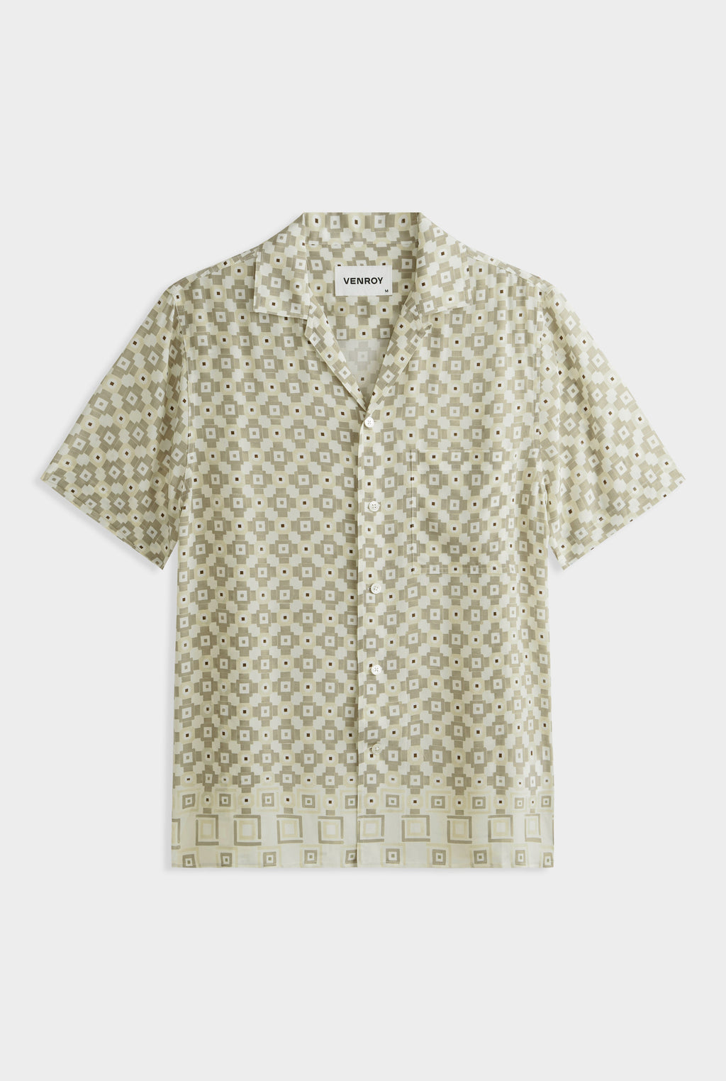 Flat Hem Short Sleeve Silk Camp Collar - Beige Geo