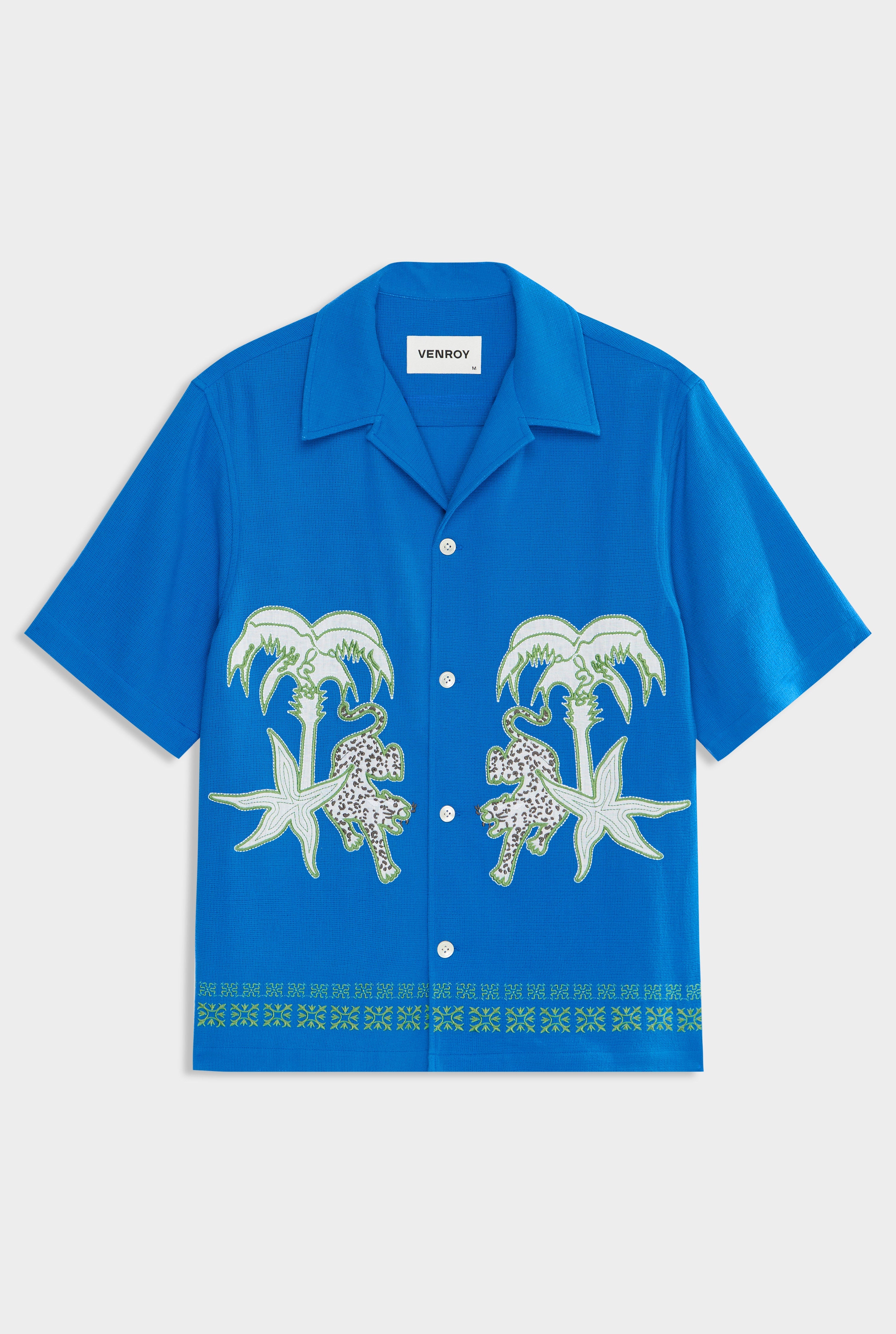 Embroidered Cotton Mesh Boxy Camp Collar Shirt - Cobalt Blue