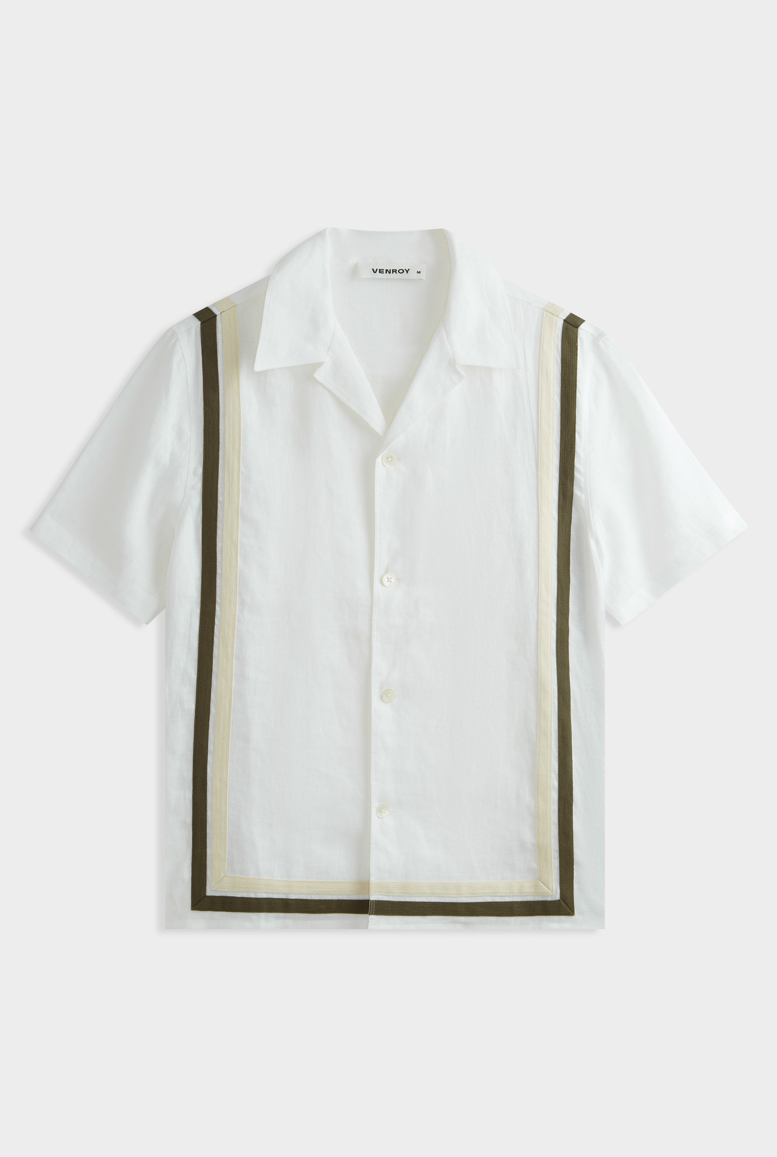 Crochet Border Short Sleeve Linen Camp Collar Shirt - White