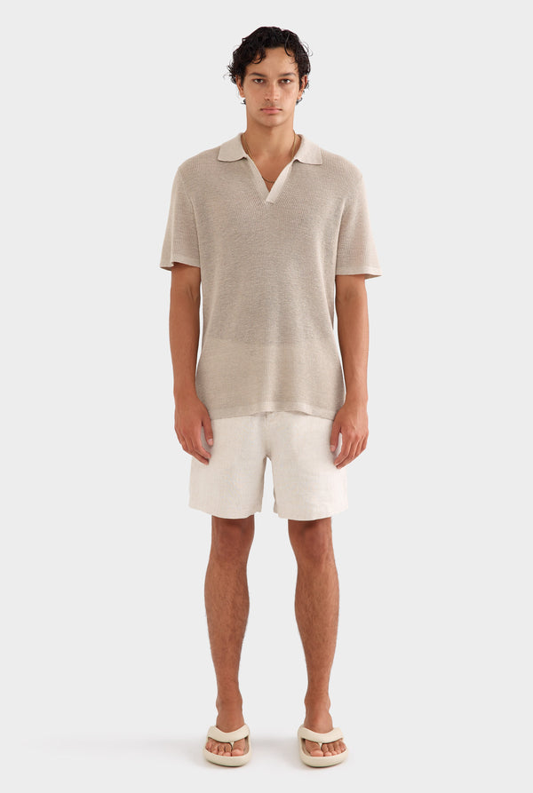 Rib Knit Open Neck Polo - Taupe