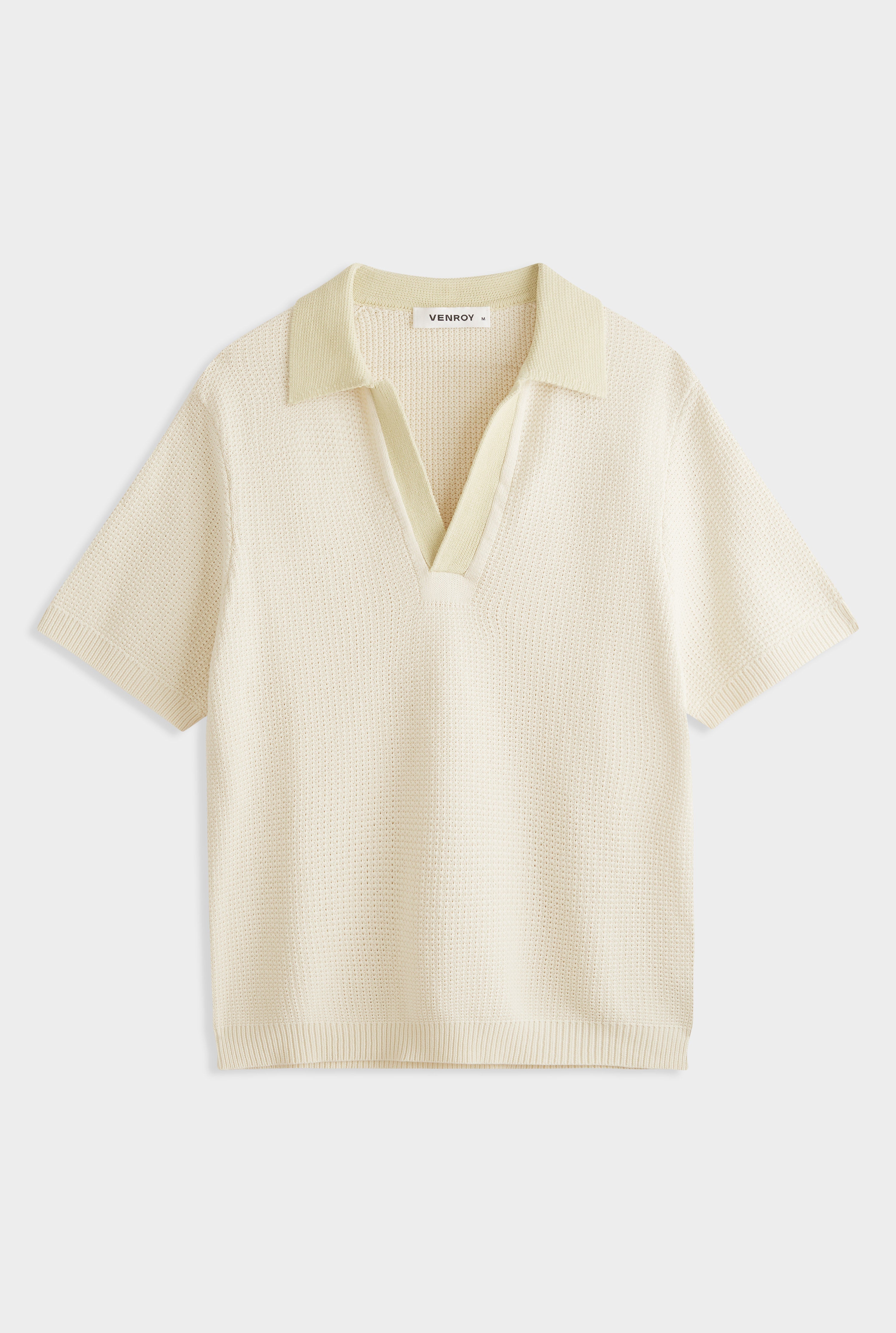 Relaxed Cotton Knit Open Neck Polo - Cream/Green Haze