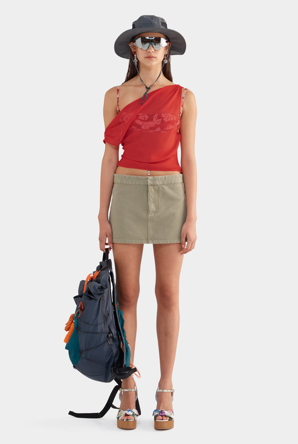 Asymmetric Draped Sheer Silk Top - Red