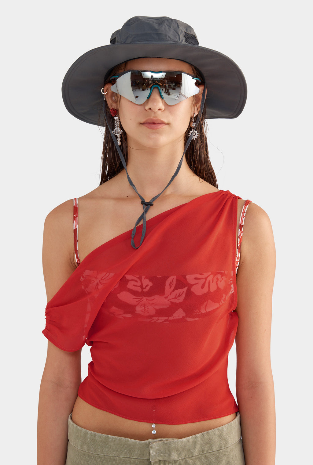 Asymmetric Draped Sheer Silk Top - Red