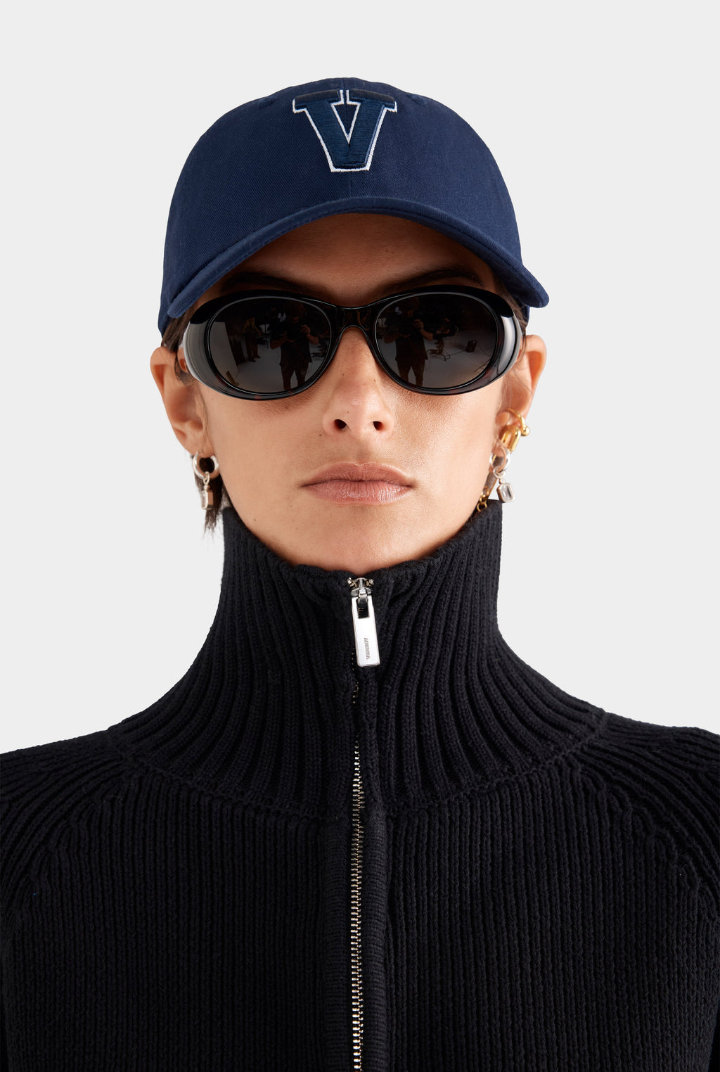 Cotton Funnel Neck Zip Up Sweater - Black