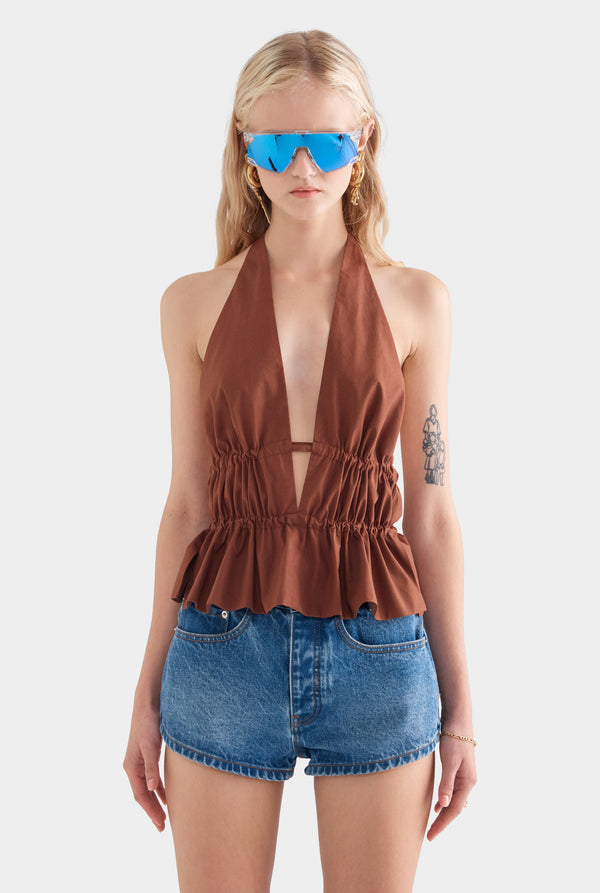 Cotton Poplin Halter Top - Chocolate
