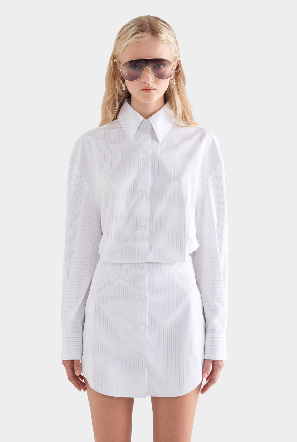Cotton Shirt Mini Dress - White/Sage/Peach Pinstripe