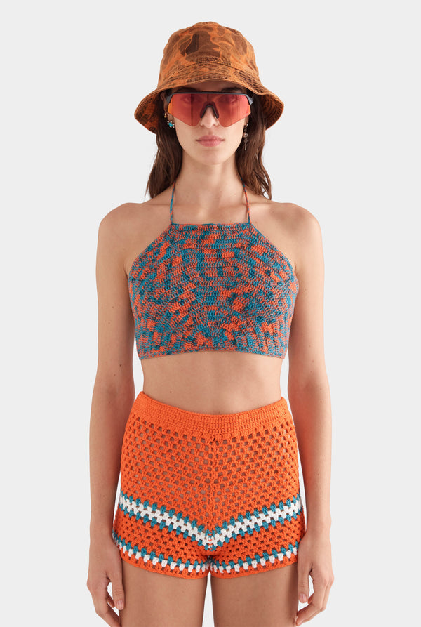 High Waist Crochet Cotton Mini Short - Orange/Teal/White