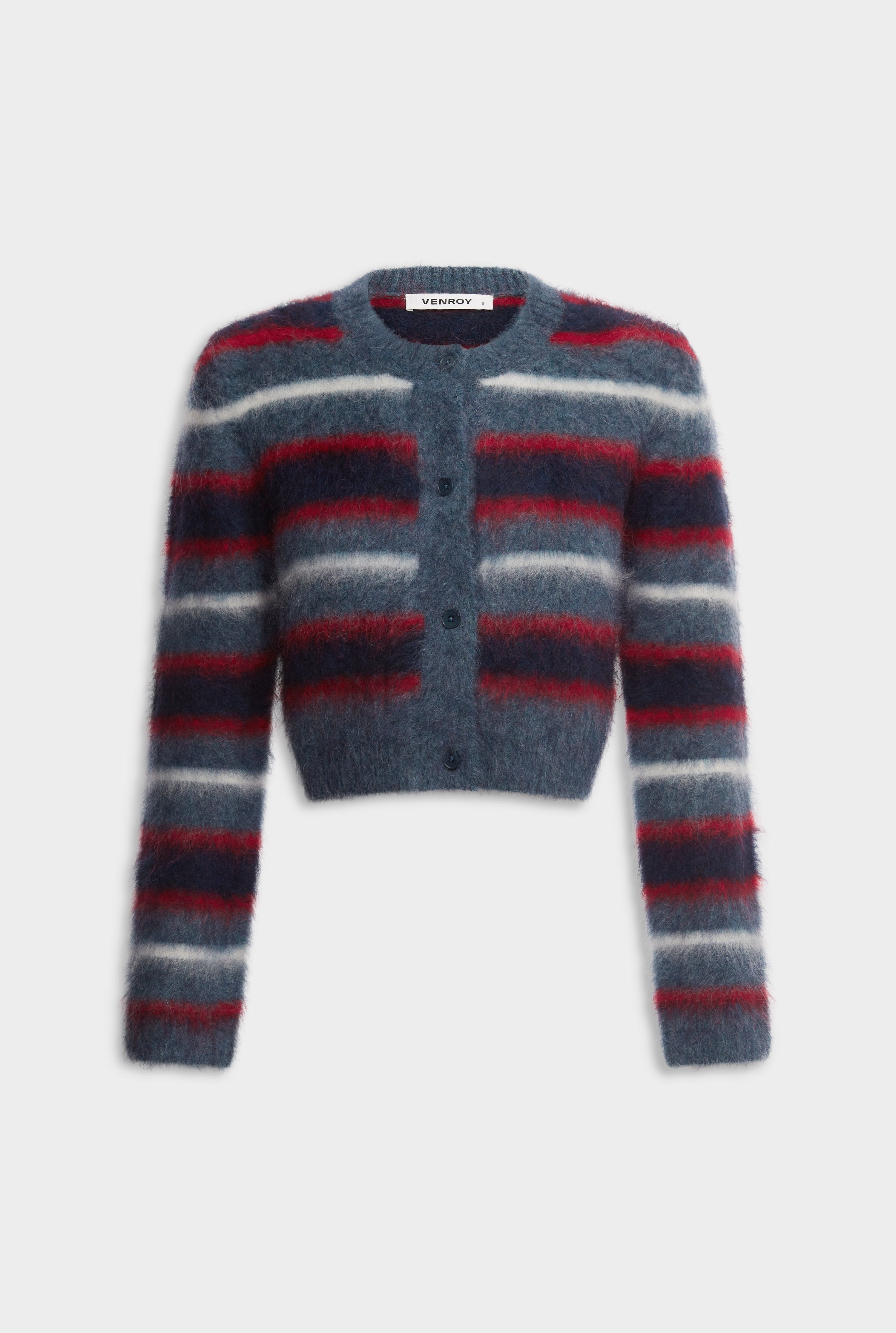 Cropped Mohair Knit Cardigan - Smoke Blue/Red/White Stripe