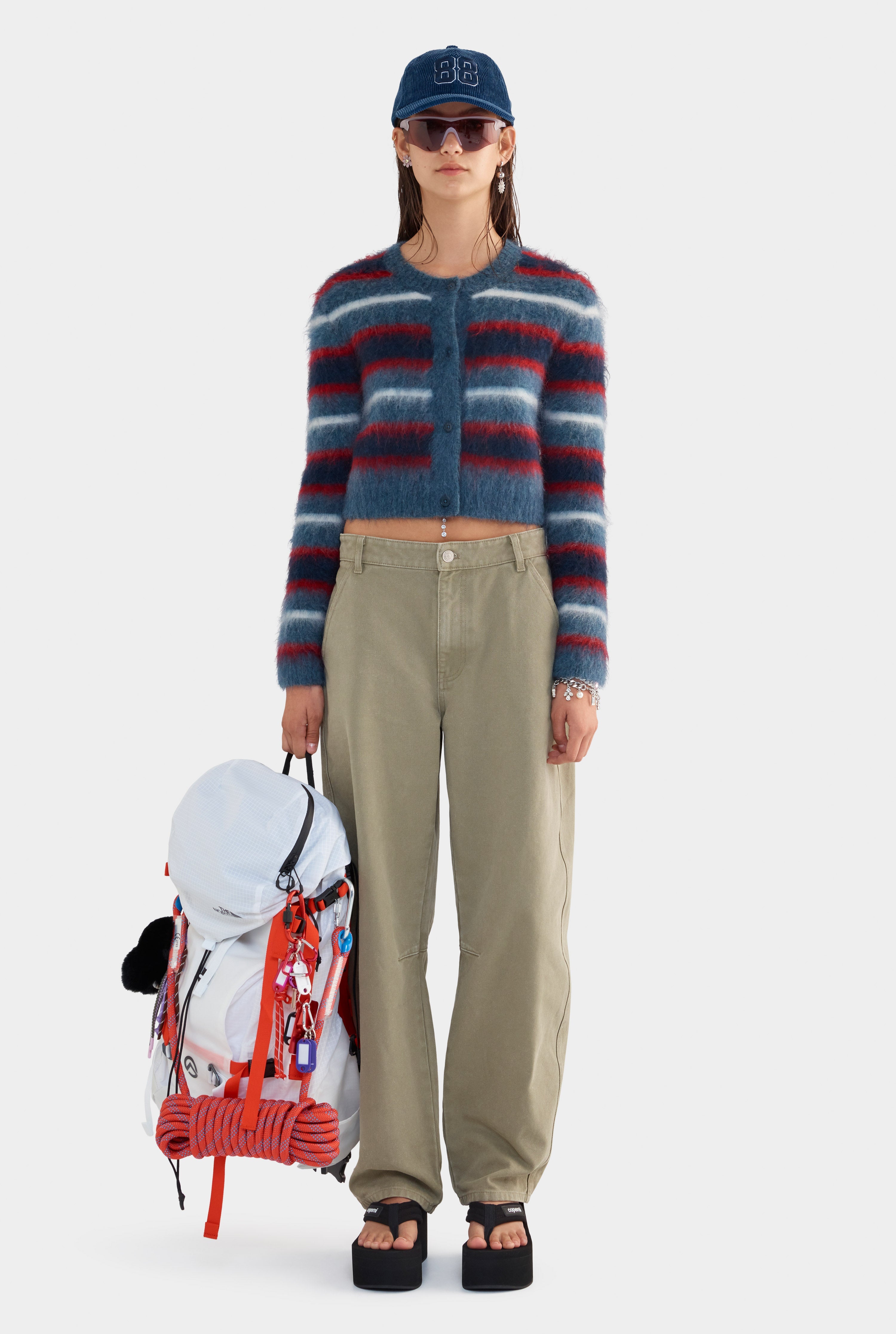 Cropped Mohair Knit Cardigan - Smoke Blue/Red/White Stripe