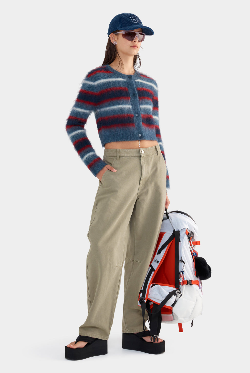 Cropped Mohair Knit Cardigan - Smoke Blue/Red/White Stripe