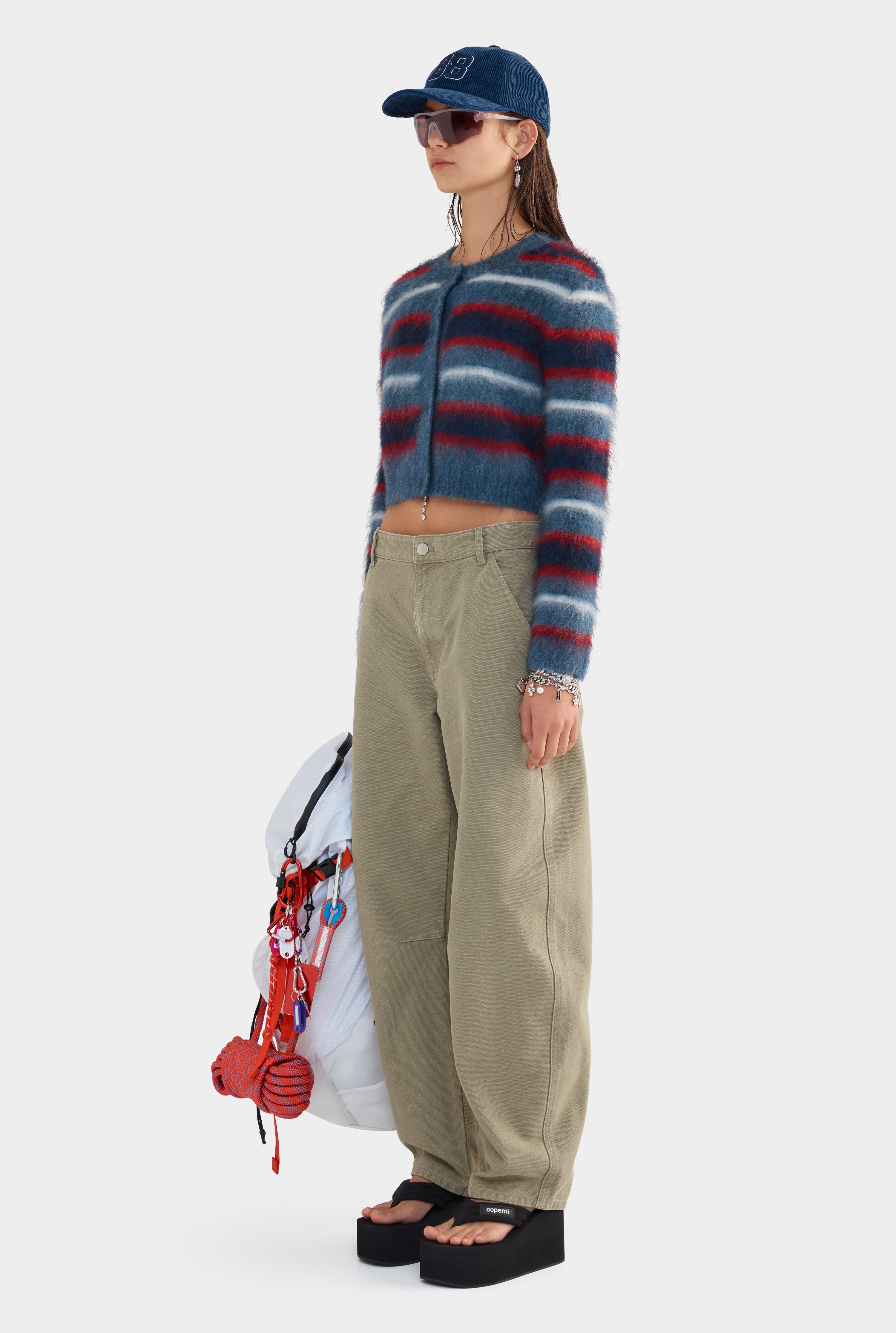 Cropped Mohair Knit Cardigan - Smoke Blue/Red/White Stripe