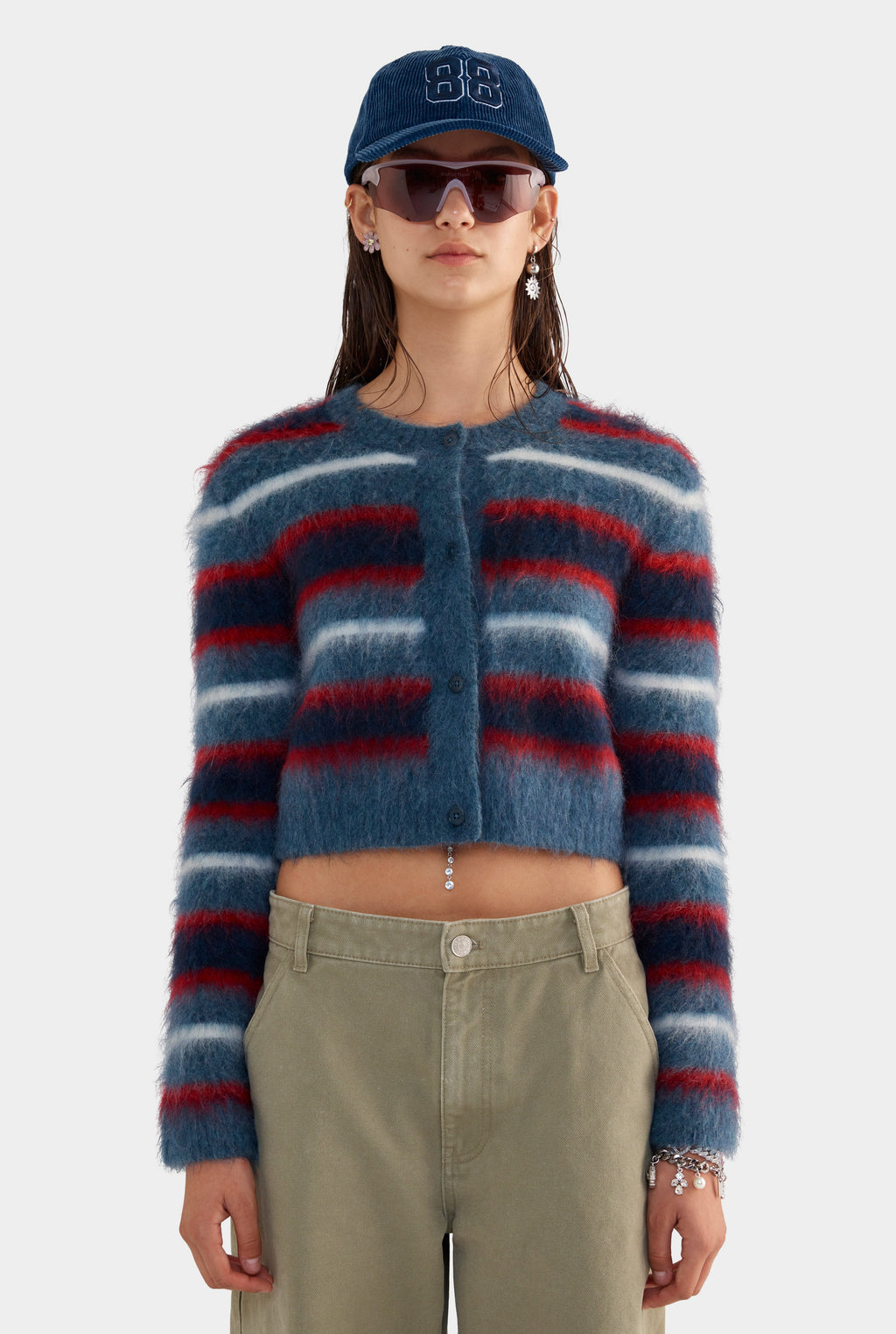Cropped Mohair Knit Cardigan - Smoke Blue/Red/White Stripe