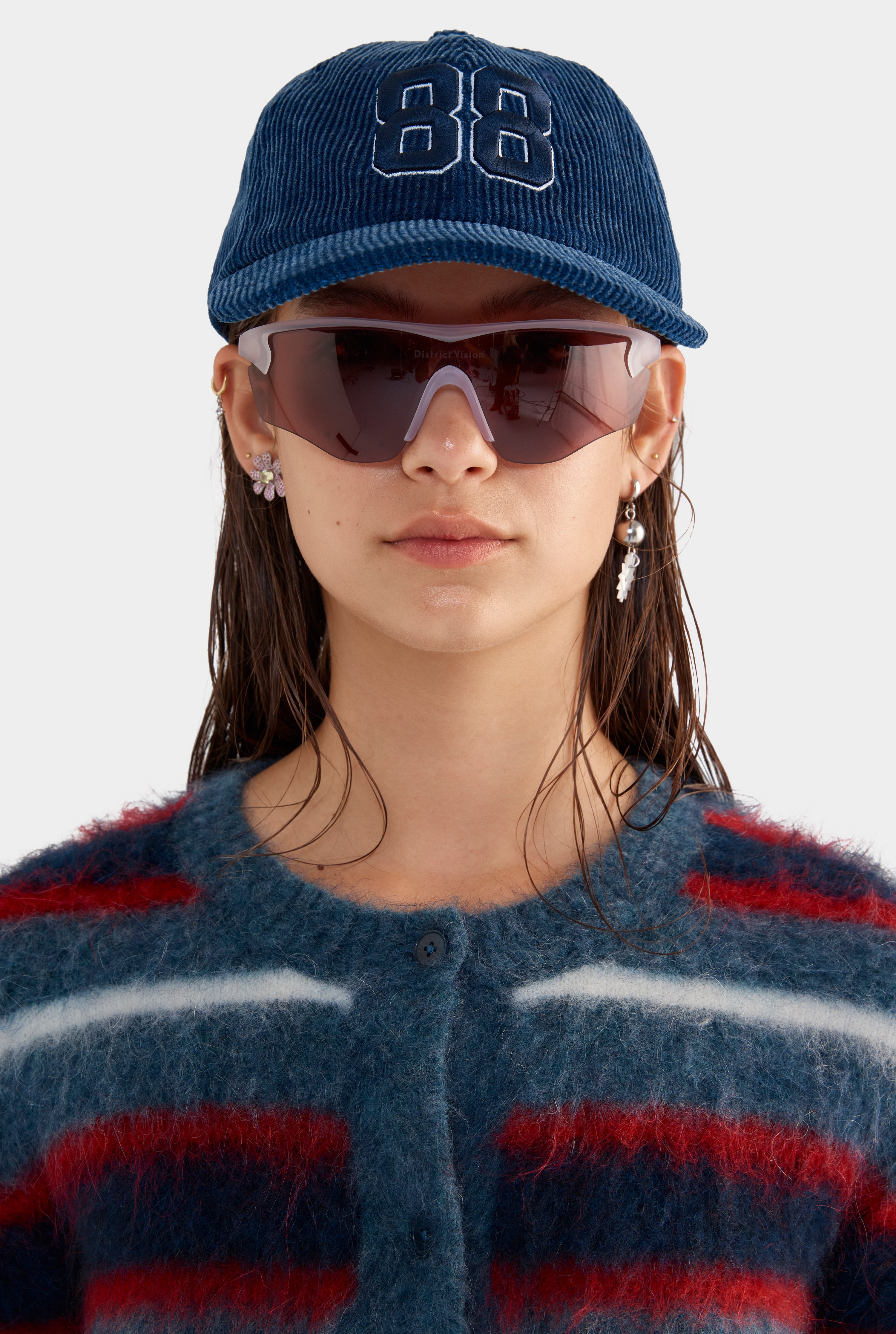 Cropped Mohair Knit Cardigan - Smoke Blue/Red/White Stripe