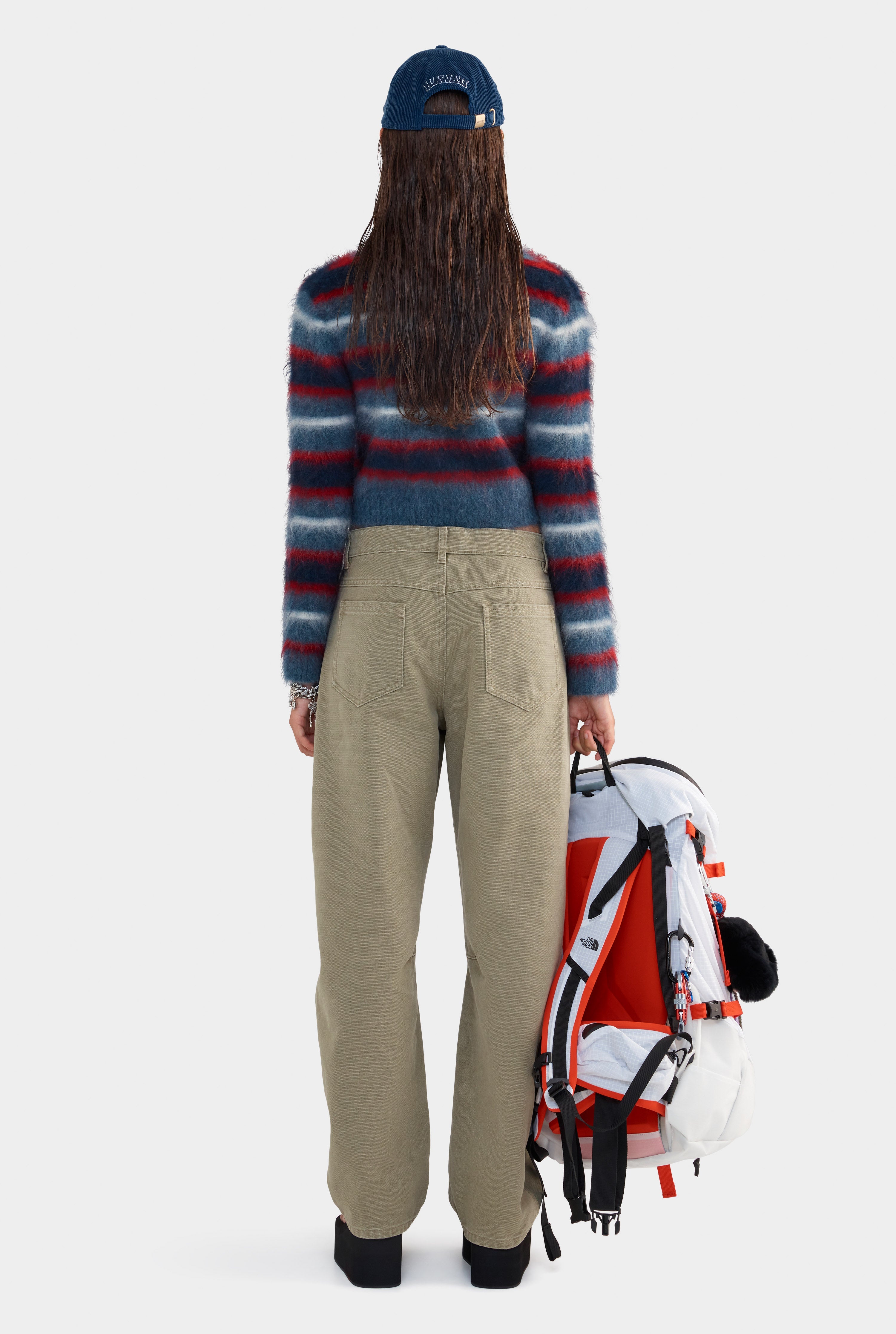 Cropped Mohair Knit Cardigan - Smoke Blue/Red/White Stripe
