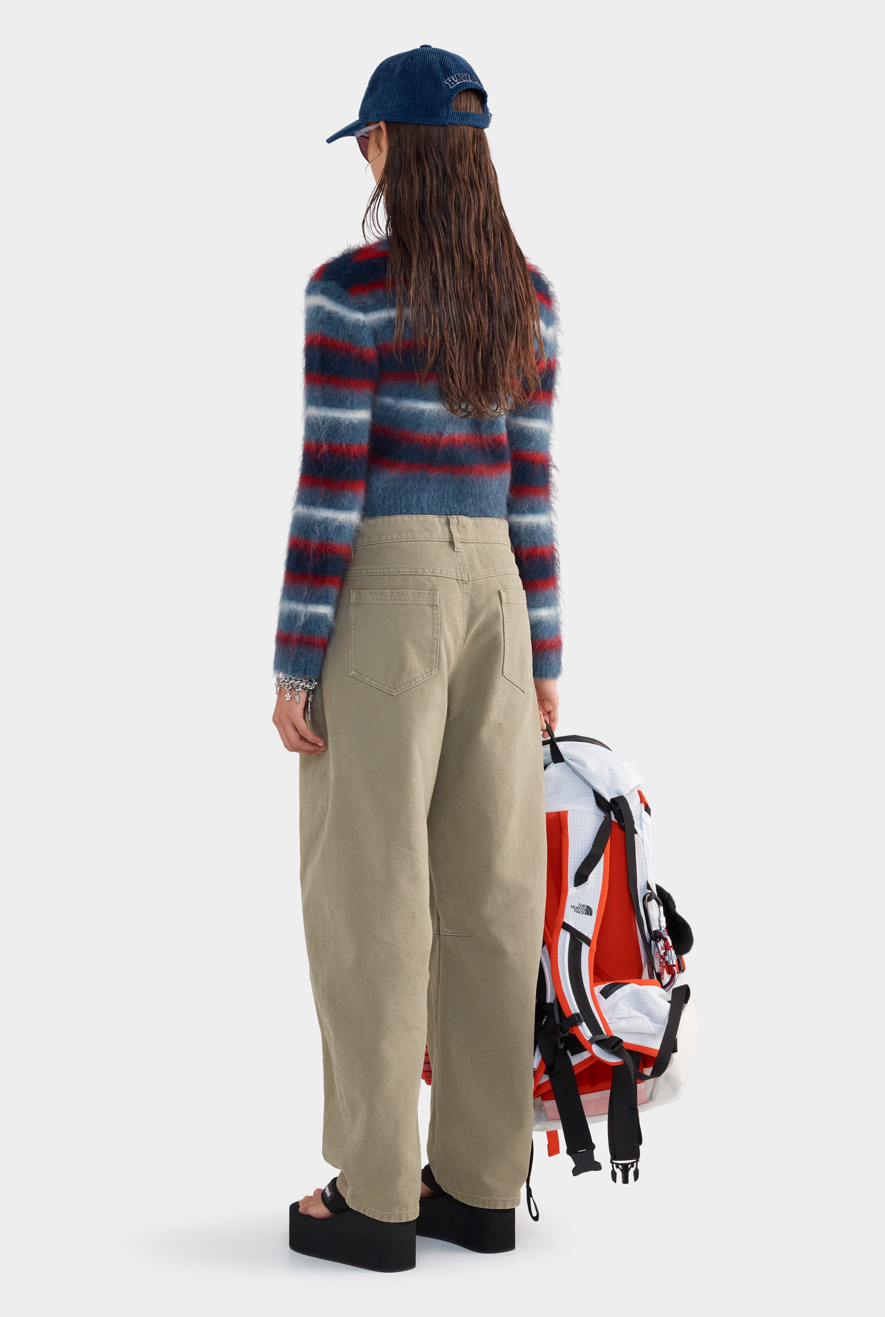 Cropped Mohair Knit Cardigan - Smoke Blue/Red/White Stripe