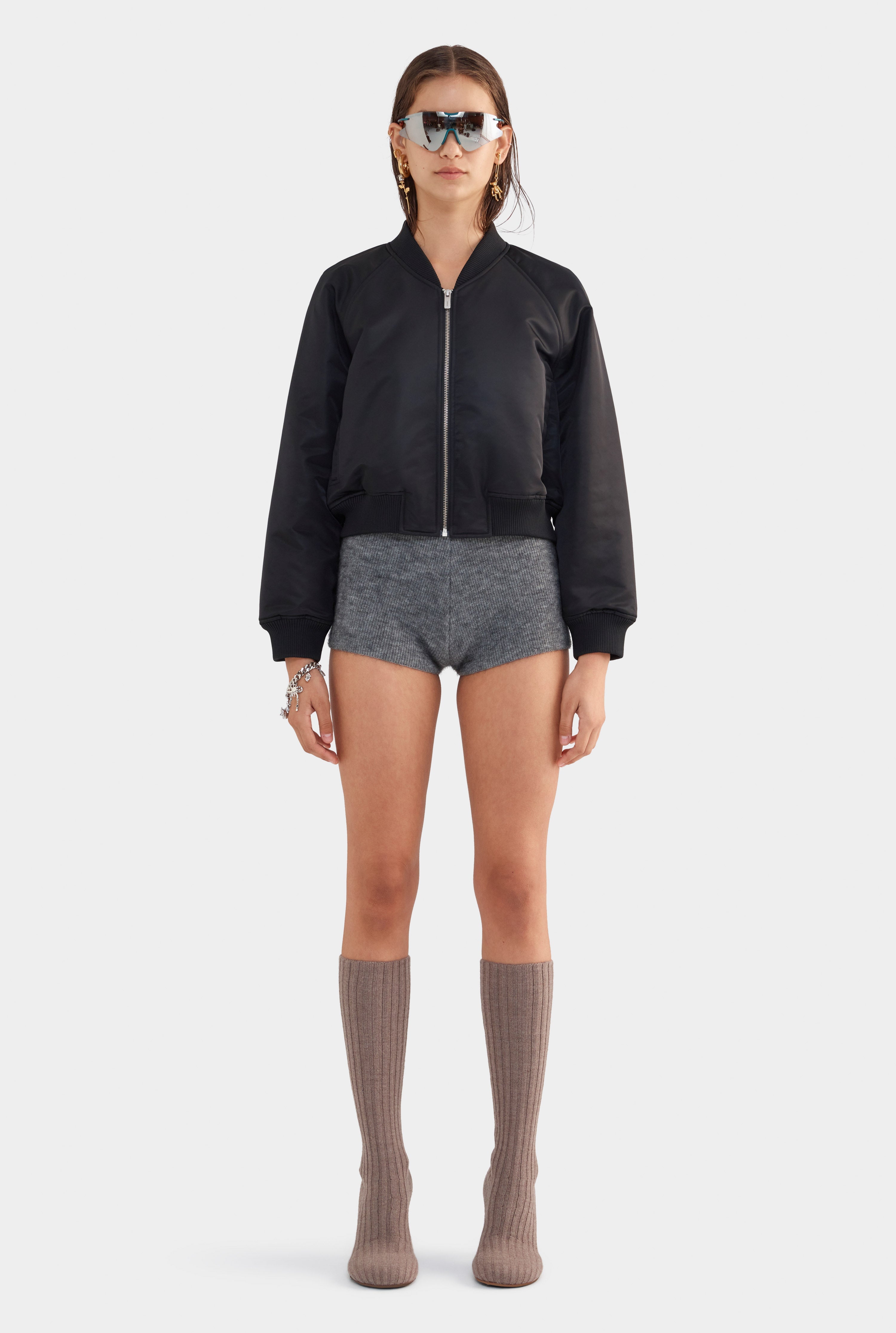 Cropped Nylon Bomber Jacket - Black