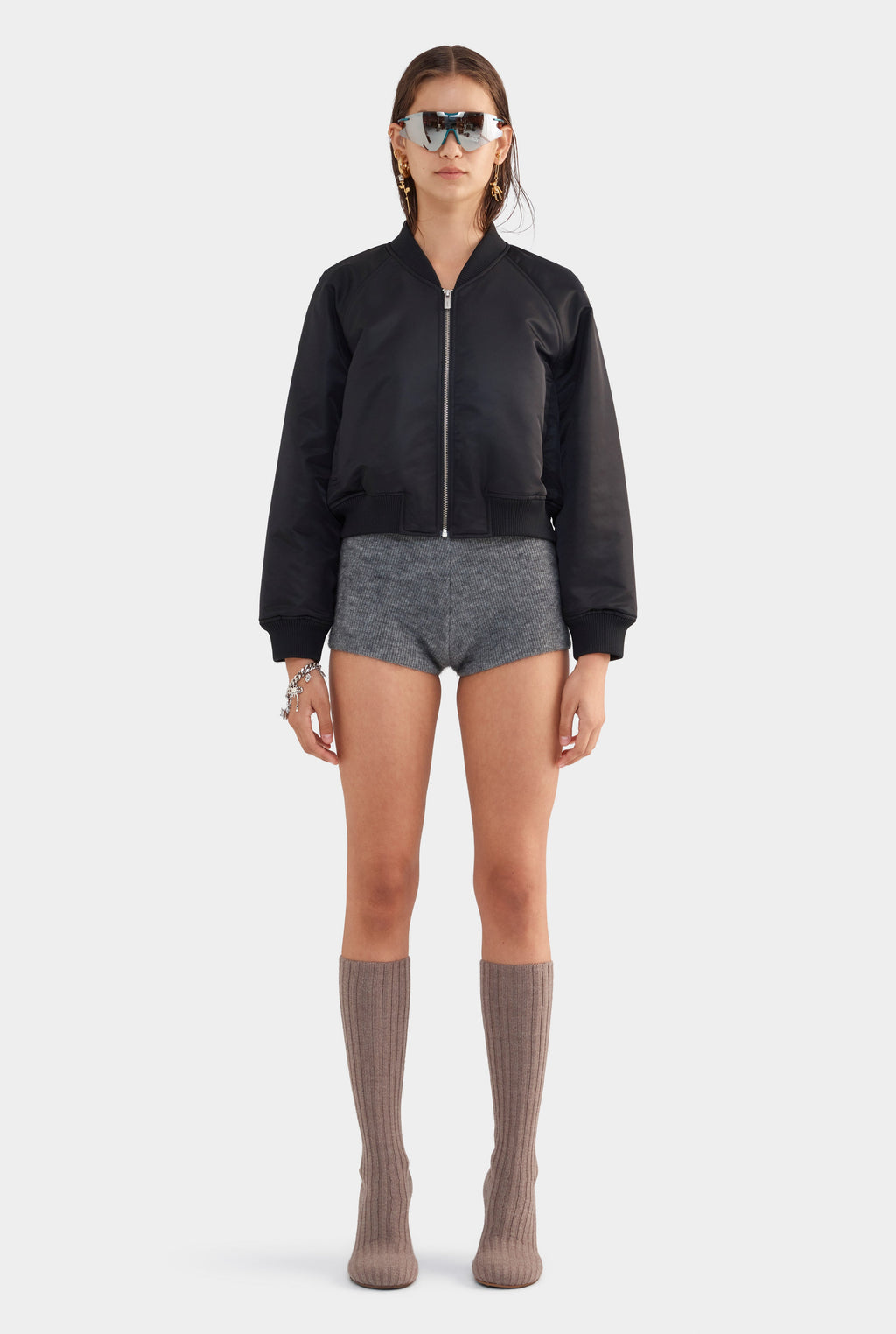 Cropped Nylon Bomber Jacket - Black