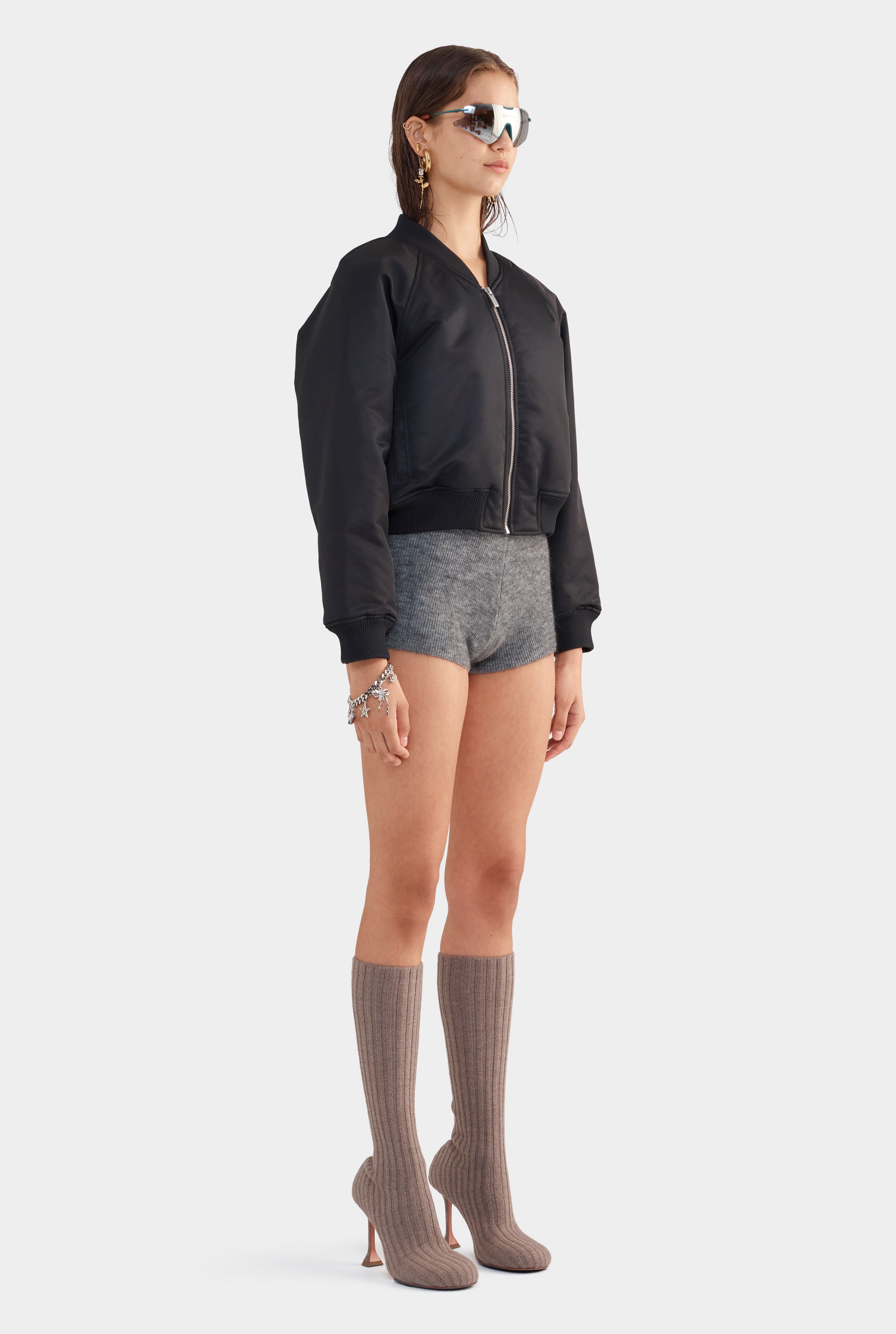 Cropped Nylon Bomber Jacket - Black