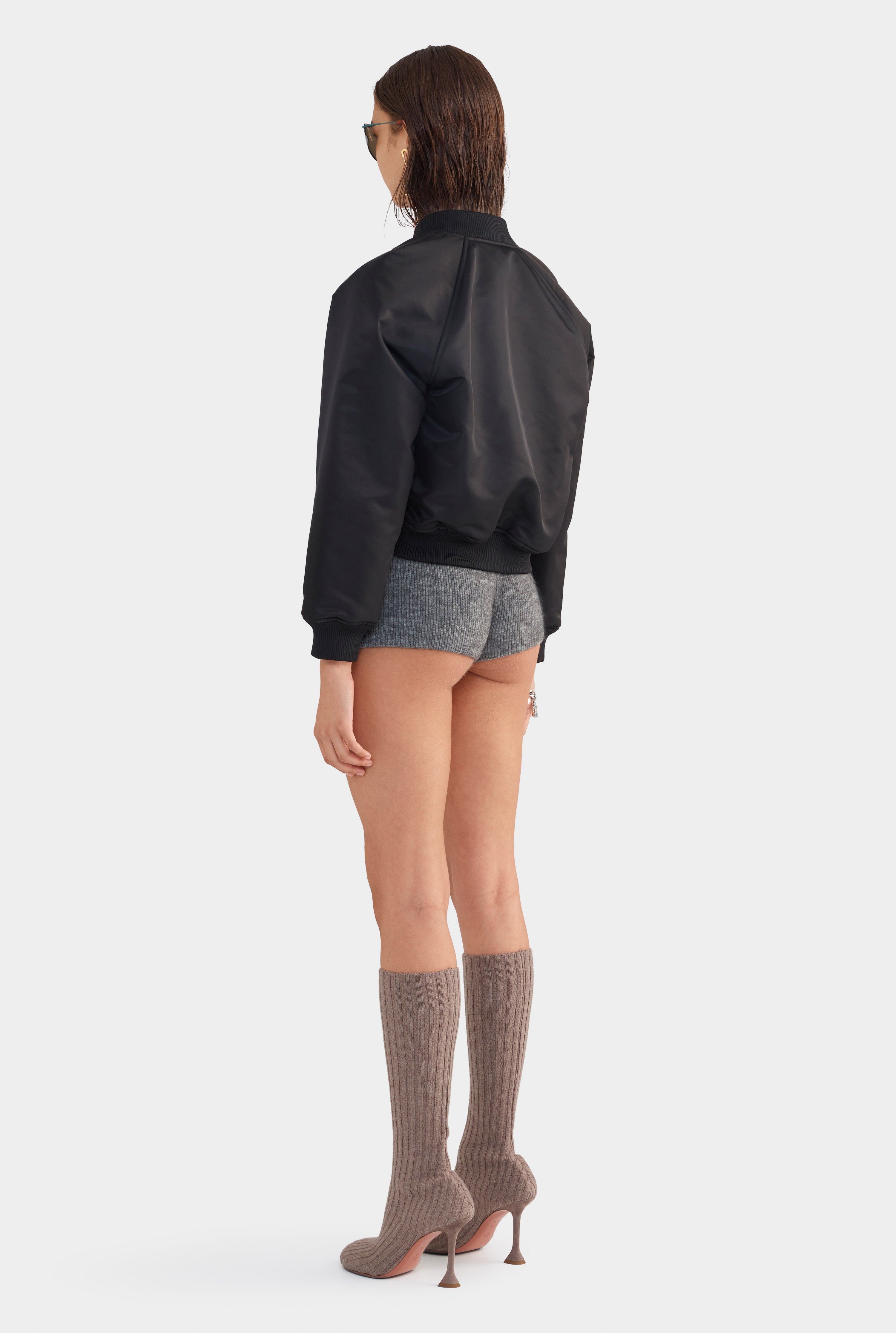 Cropped Nylon Bomber Jacket - Black