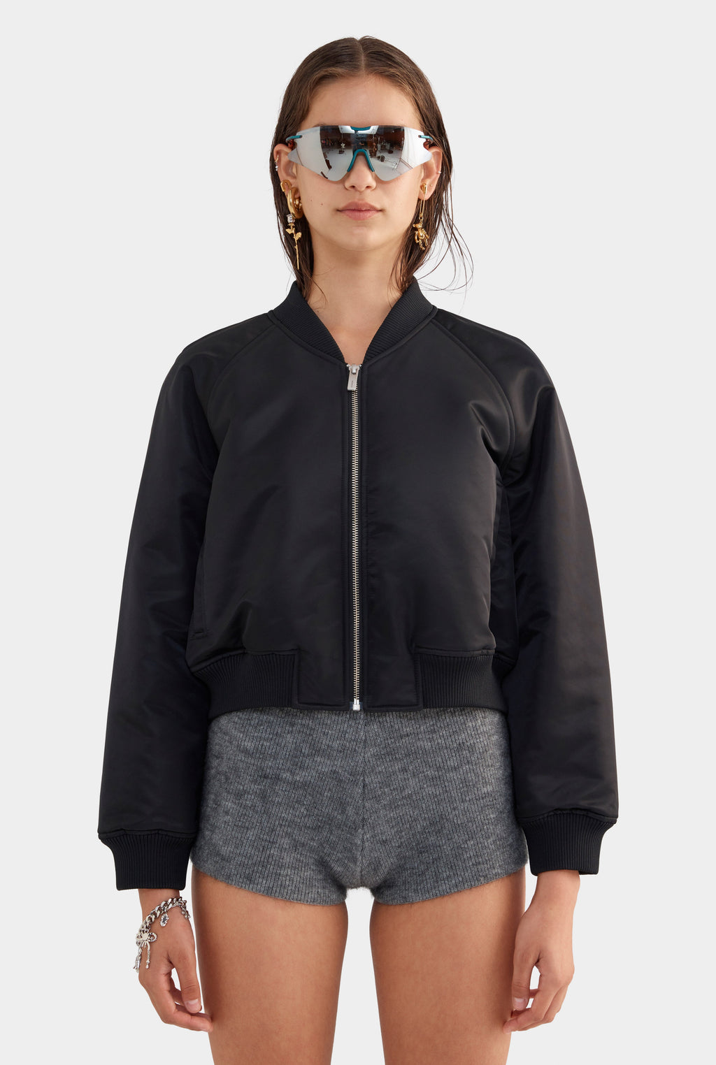 Cropped Nylon Bomber Jacket - Black