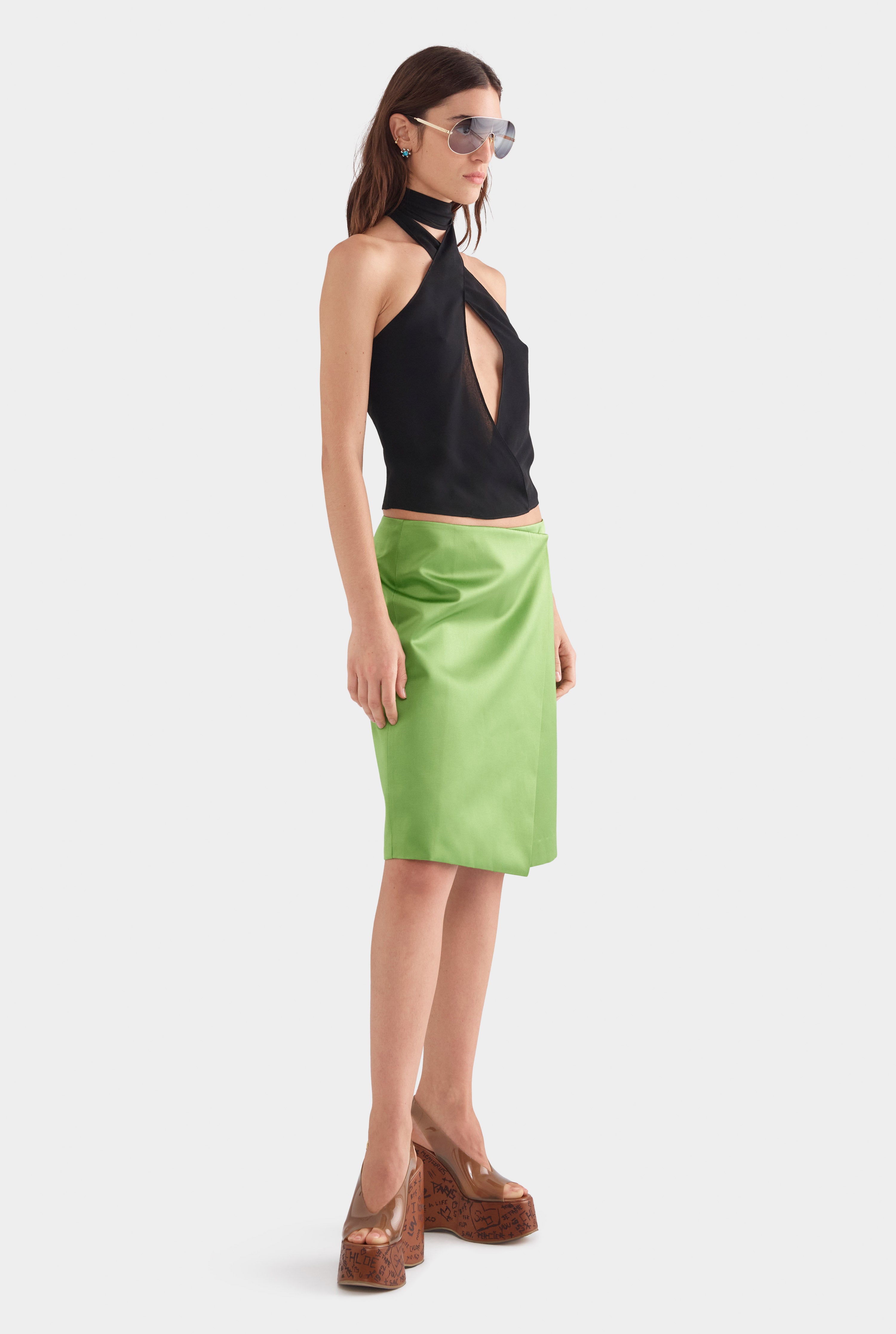 Cross Front Silk Scarf Top - Black