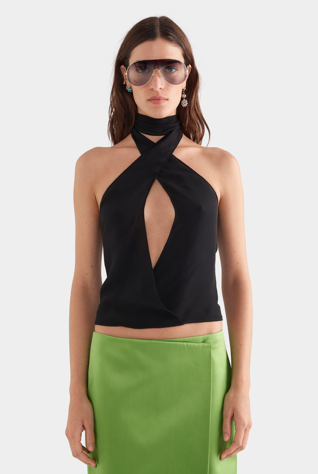 Cross Front Silk Scarf Top - Black