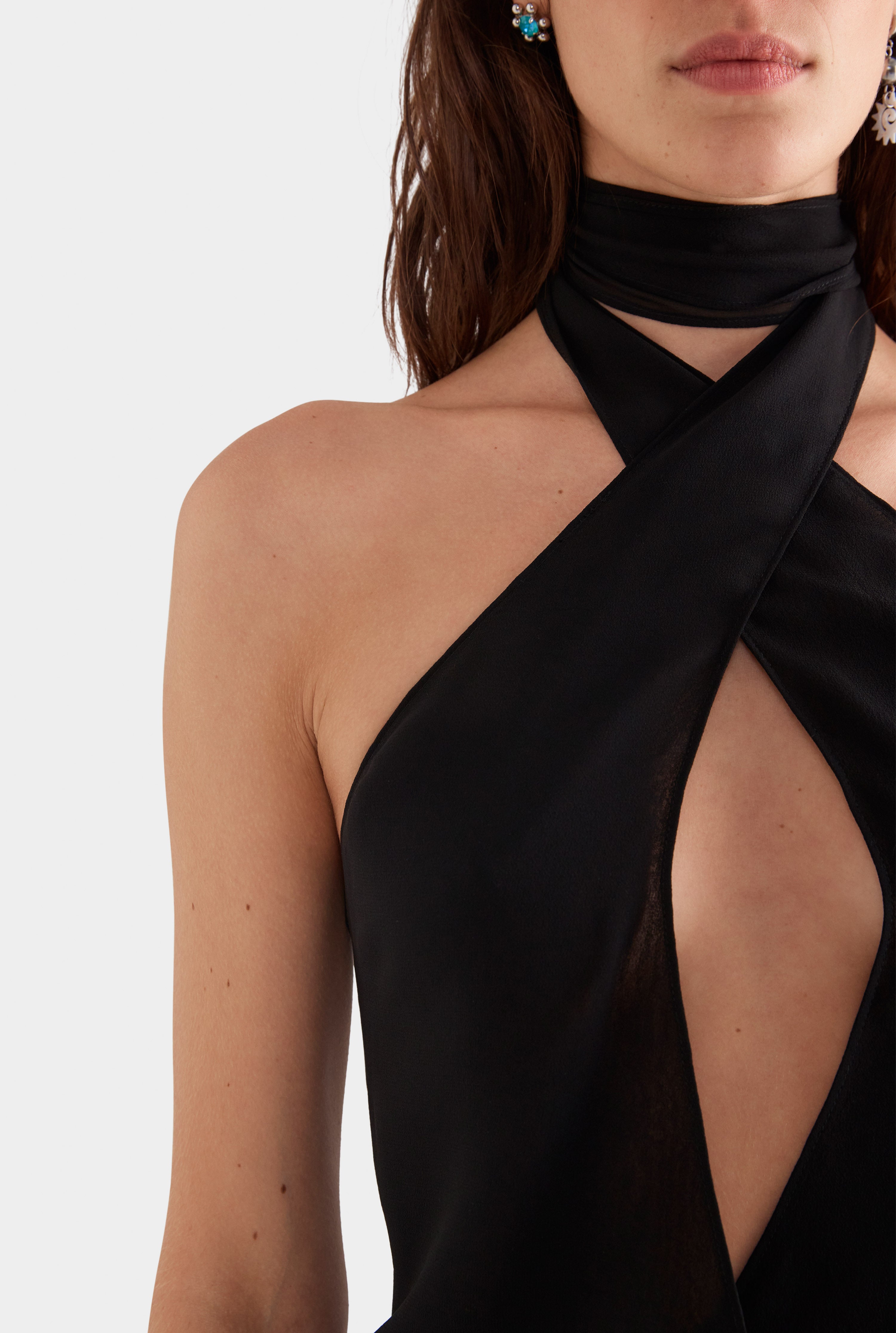 Cross Front Silk Scarf Top - Black