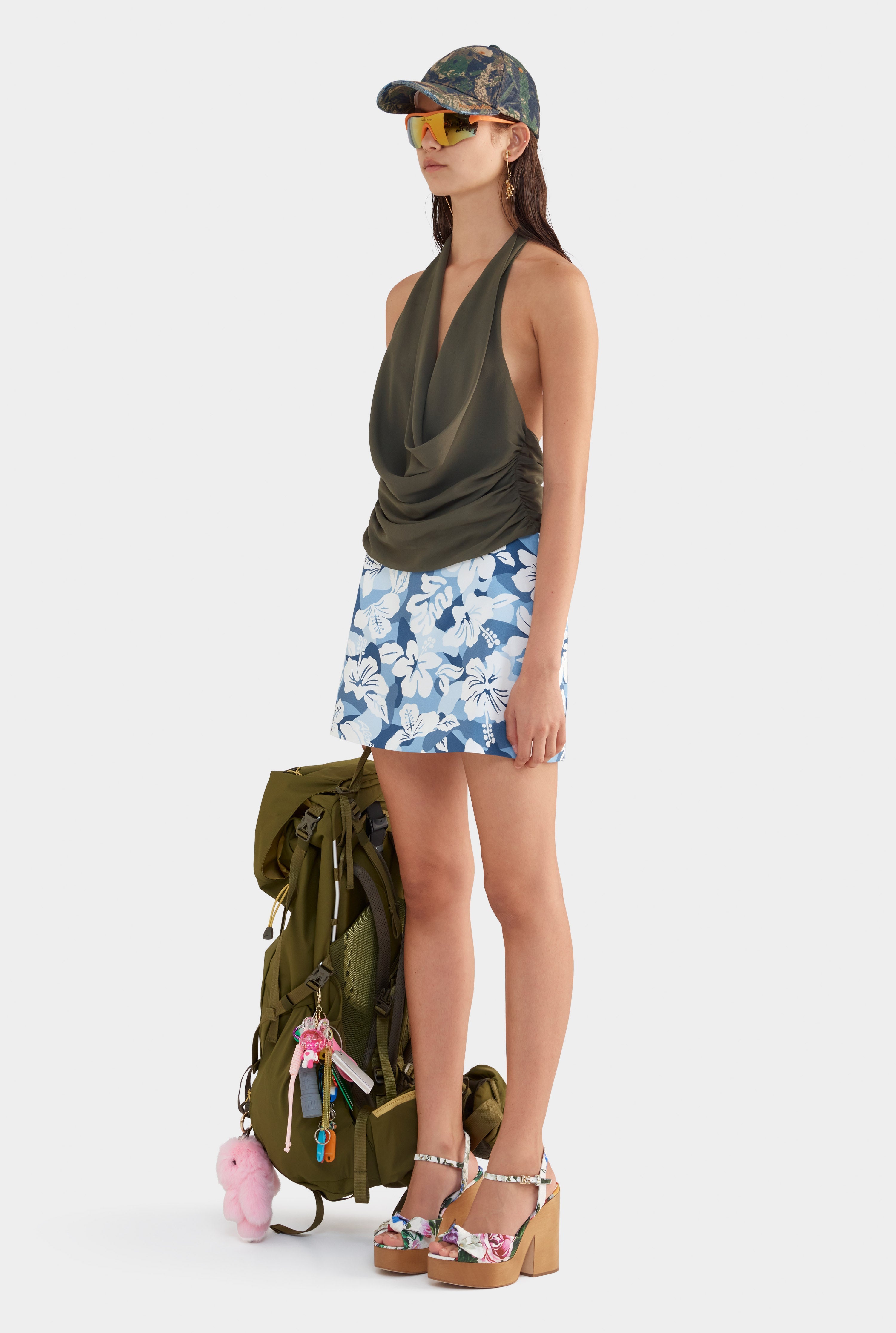 Deep Cowl Sheer Silk Halter - Olive