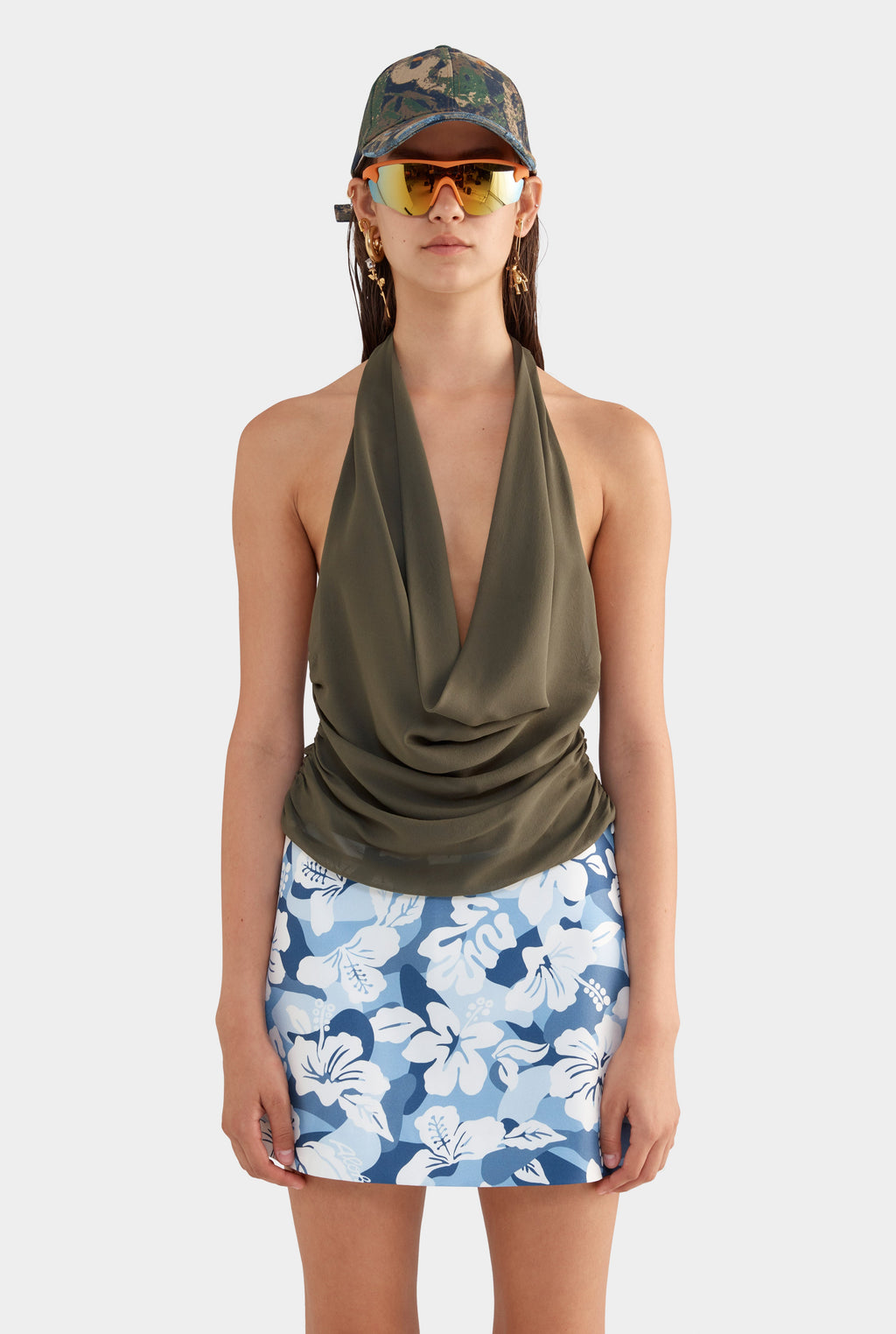 Deep Cowl Sheer Silk Halter - Olive