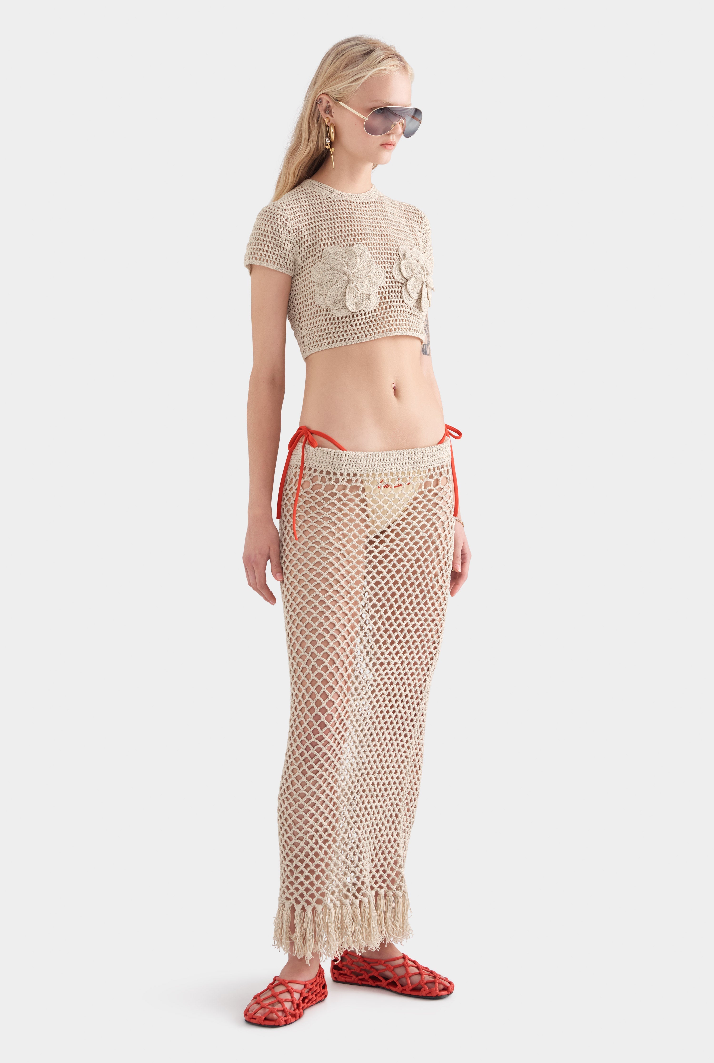 Floral Crochet Cotton Cropped Tee - Natural