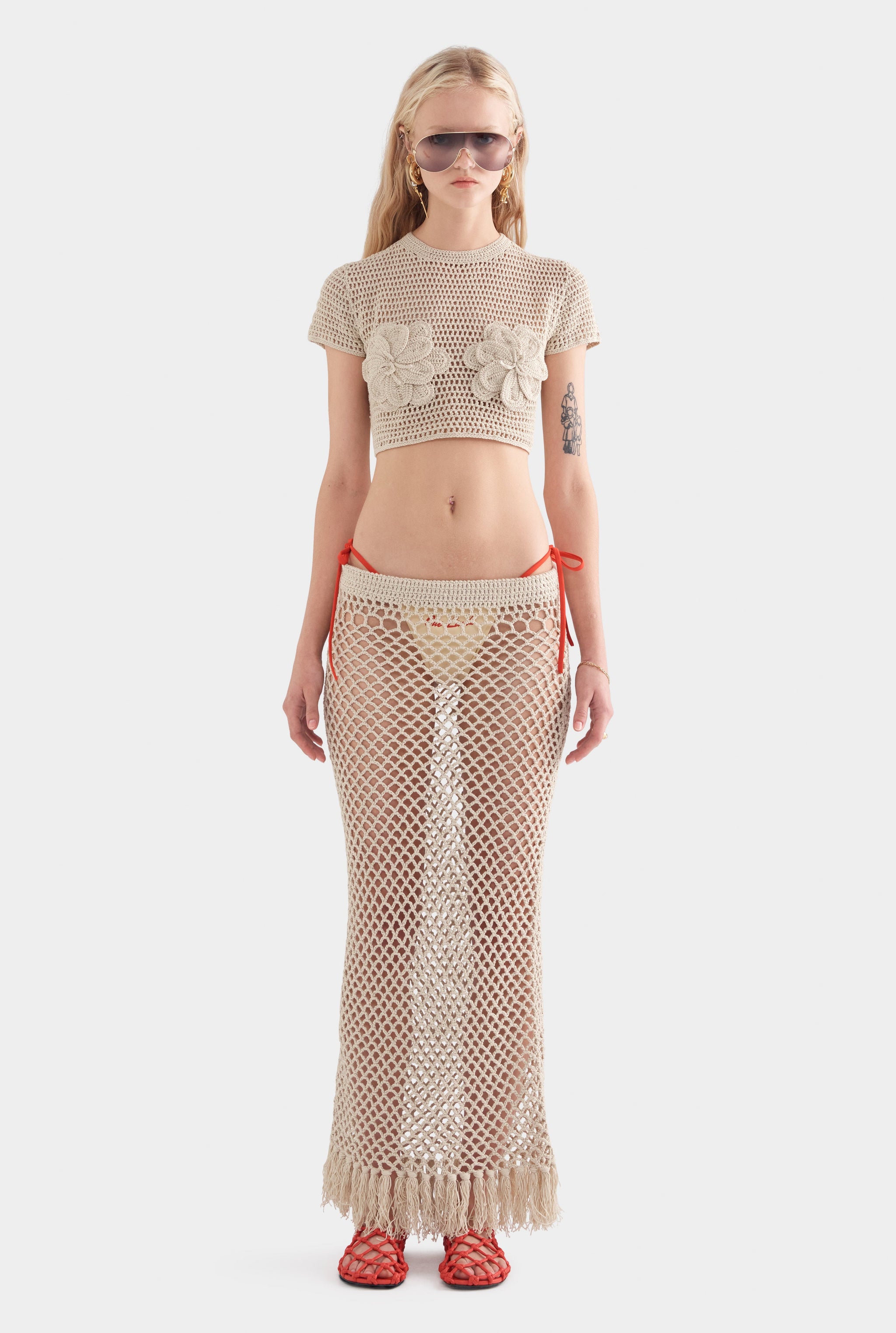 Fringed Crochet Cotton Midi Skirt - Natural