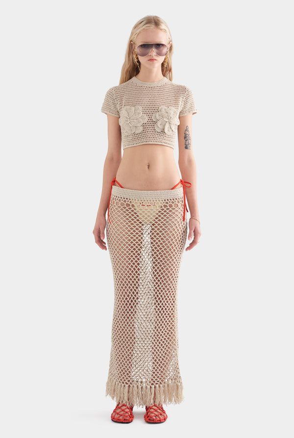 Fringed Crochet Cotton Midi Skirt - Natural