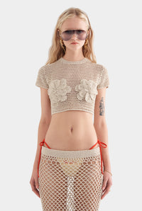 Floral Crochet Cotton Cropped Tee - Natural