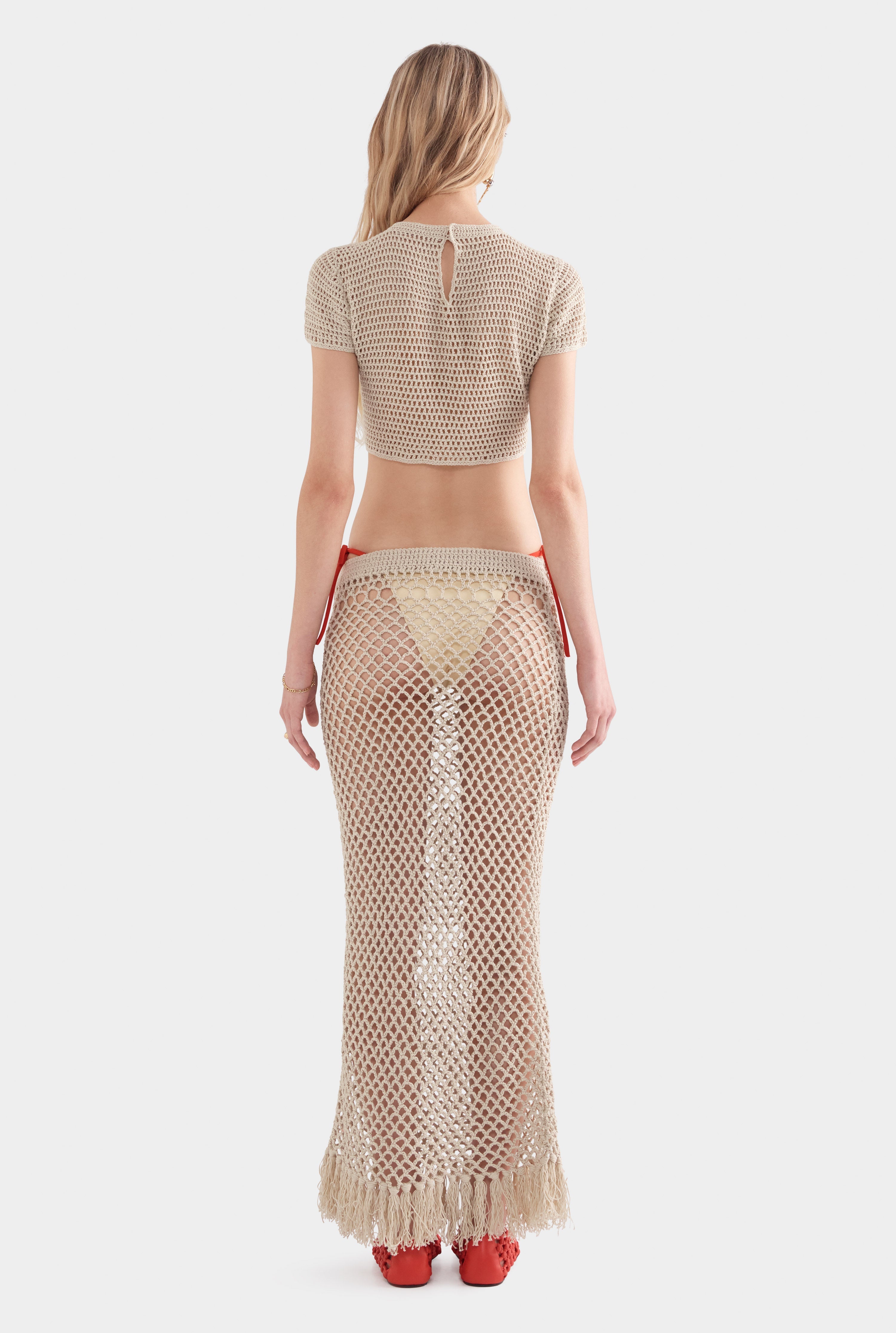 Floral Crochet Cotton Cropped Tee - Natural