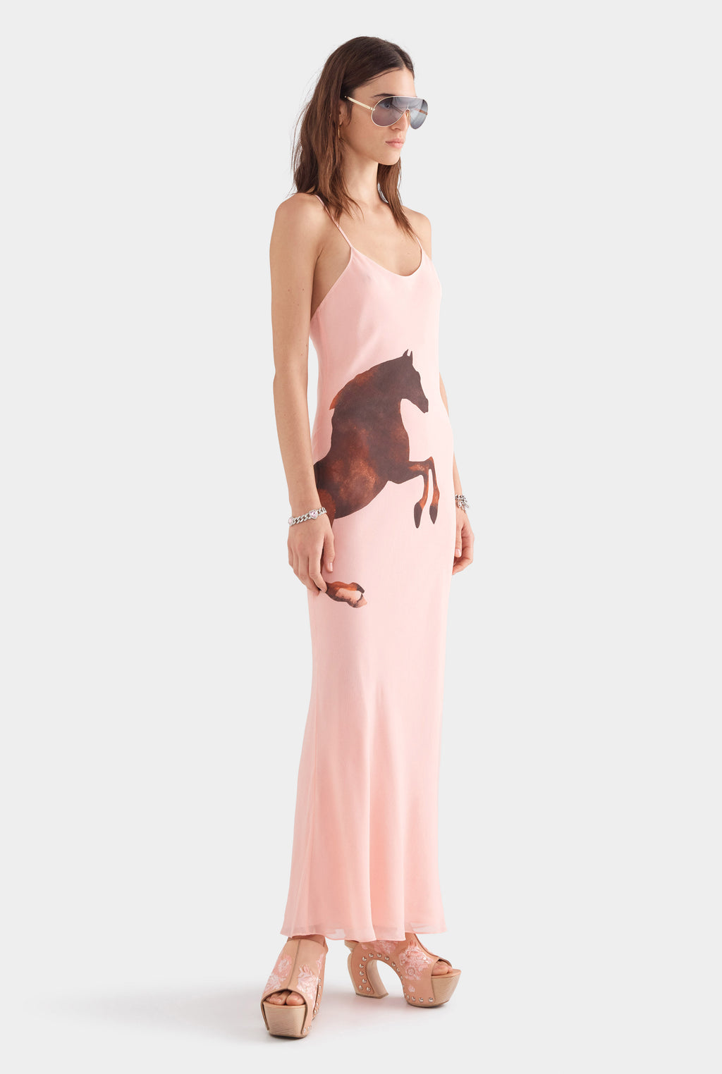 Layered Silk Slip Maxi Dress - Pink/Horse Stamp
